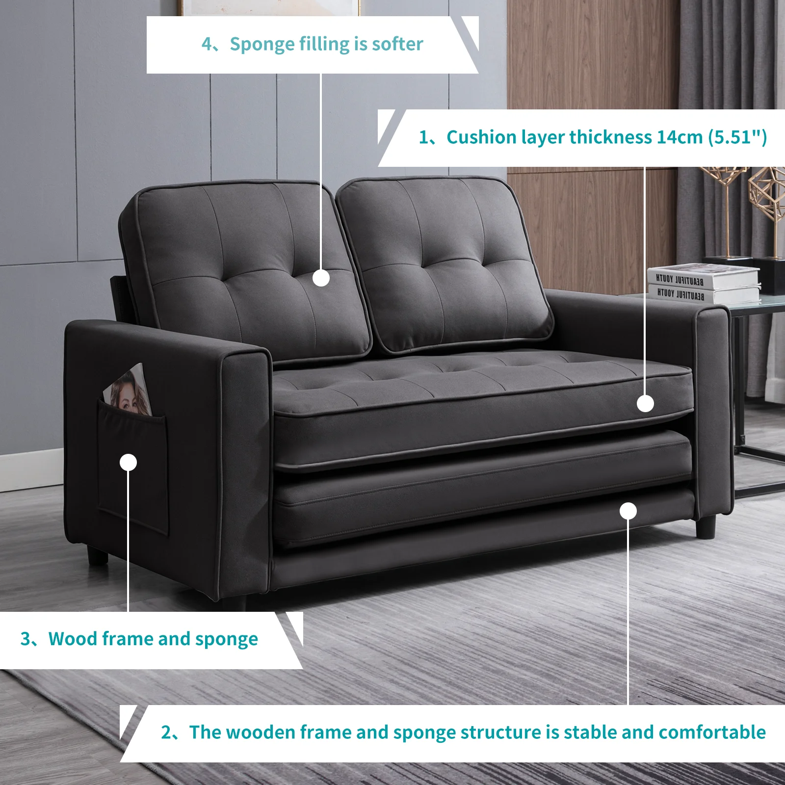 BALUS 3-in-1 Pull Out Sleeper Sofa Bed with Dual Side Pockets, Loveseat Sofa Sleeper, Dark Gray