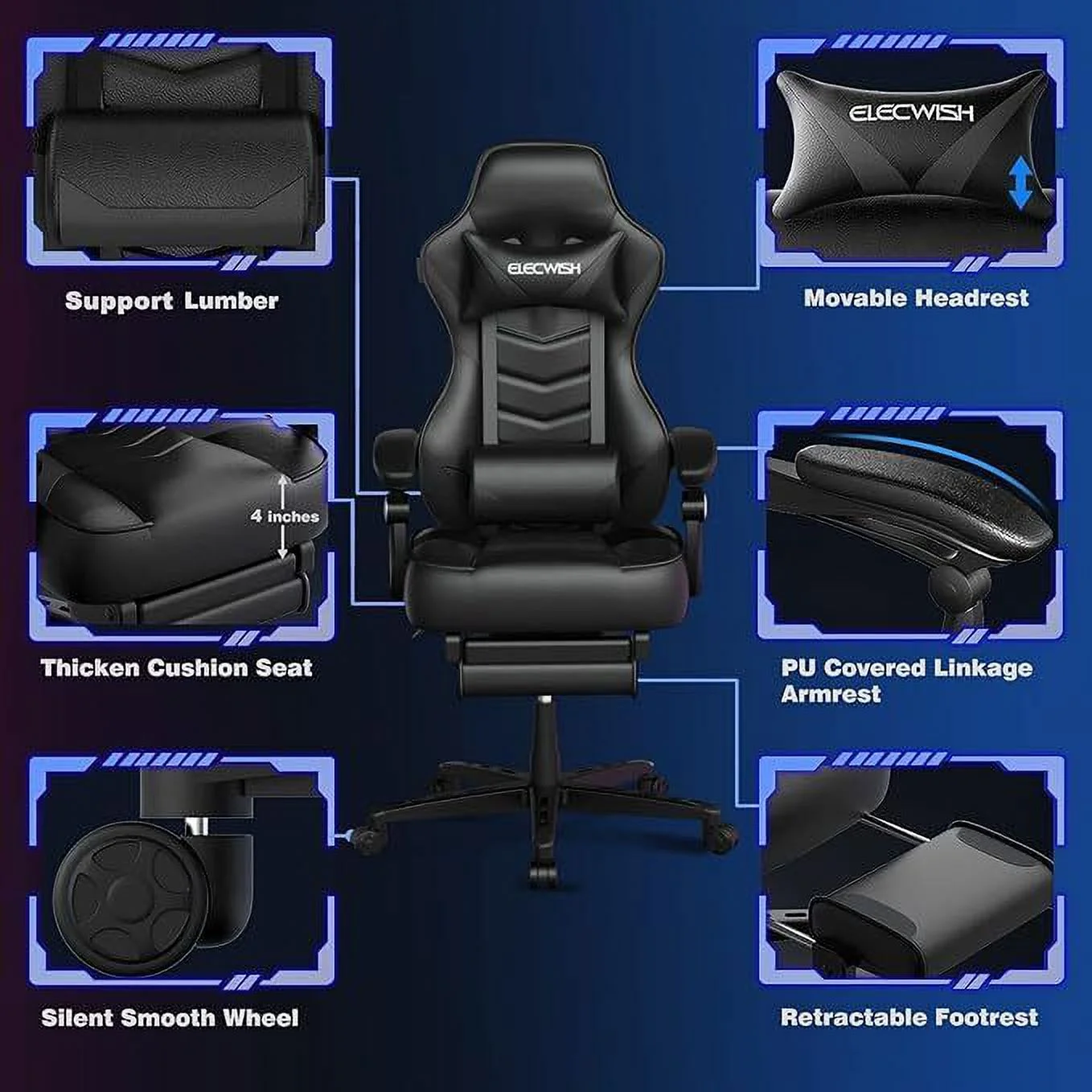 ELECWISH Gaming Chair Ergonomic Computer Office Chair Recliner Swivel Seat