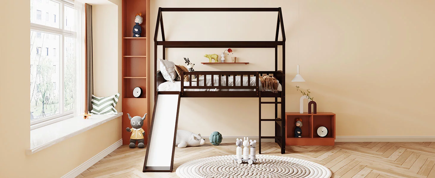 CoSoTower Twin Loft Bed with Slide, House Bed with Slide, Espresso