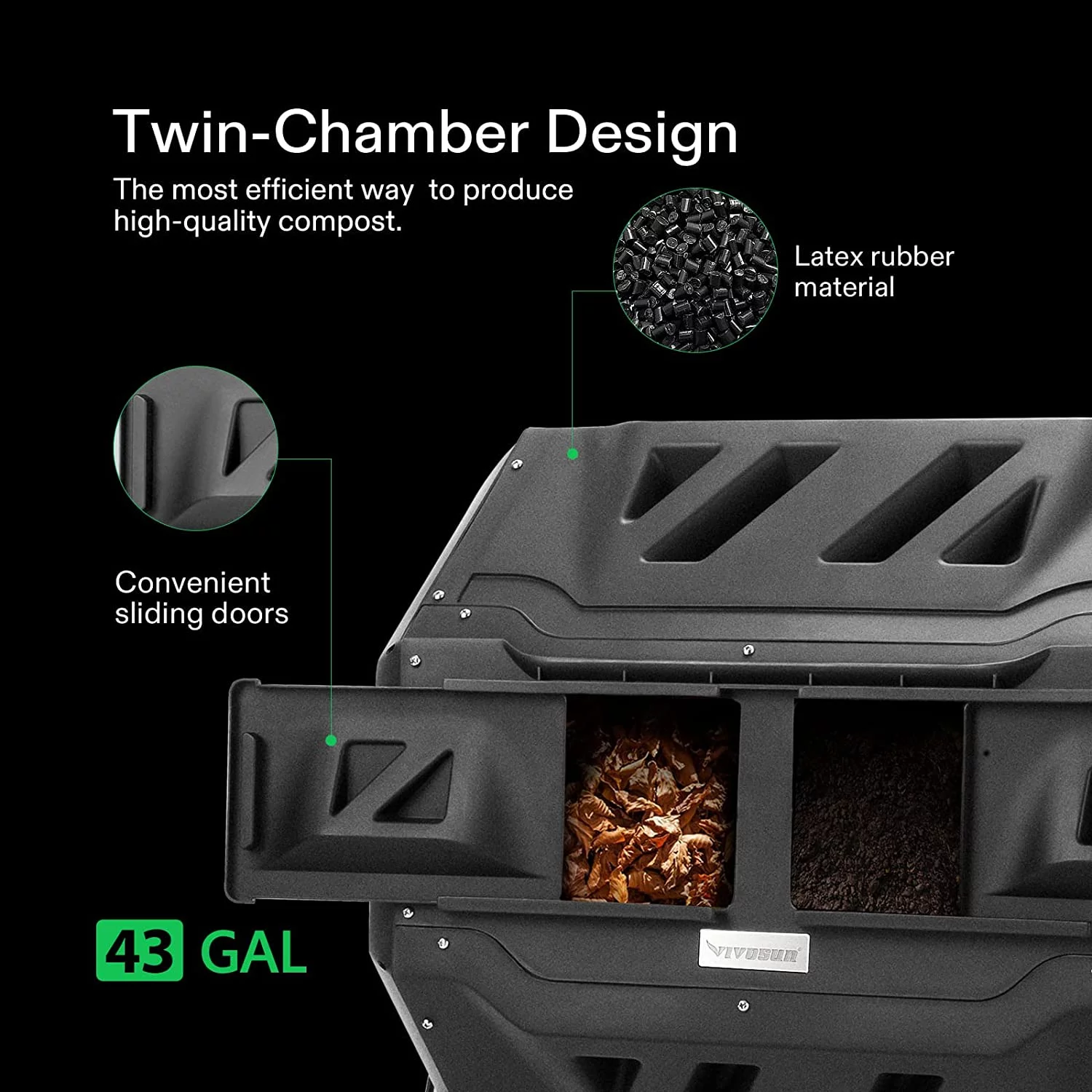 VIVOSUN Tumbling Composter Dual Rotating Batch Compost Bin 43 Gallon Black