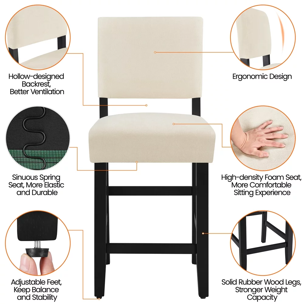 Topeakmart 2PCS 24.6″ H Upholstered Fabric Counter Bar Stool, Beige