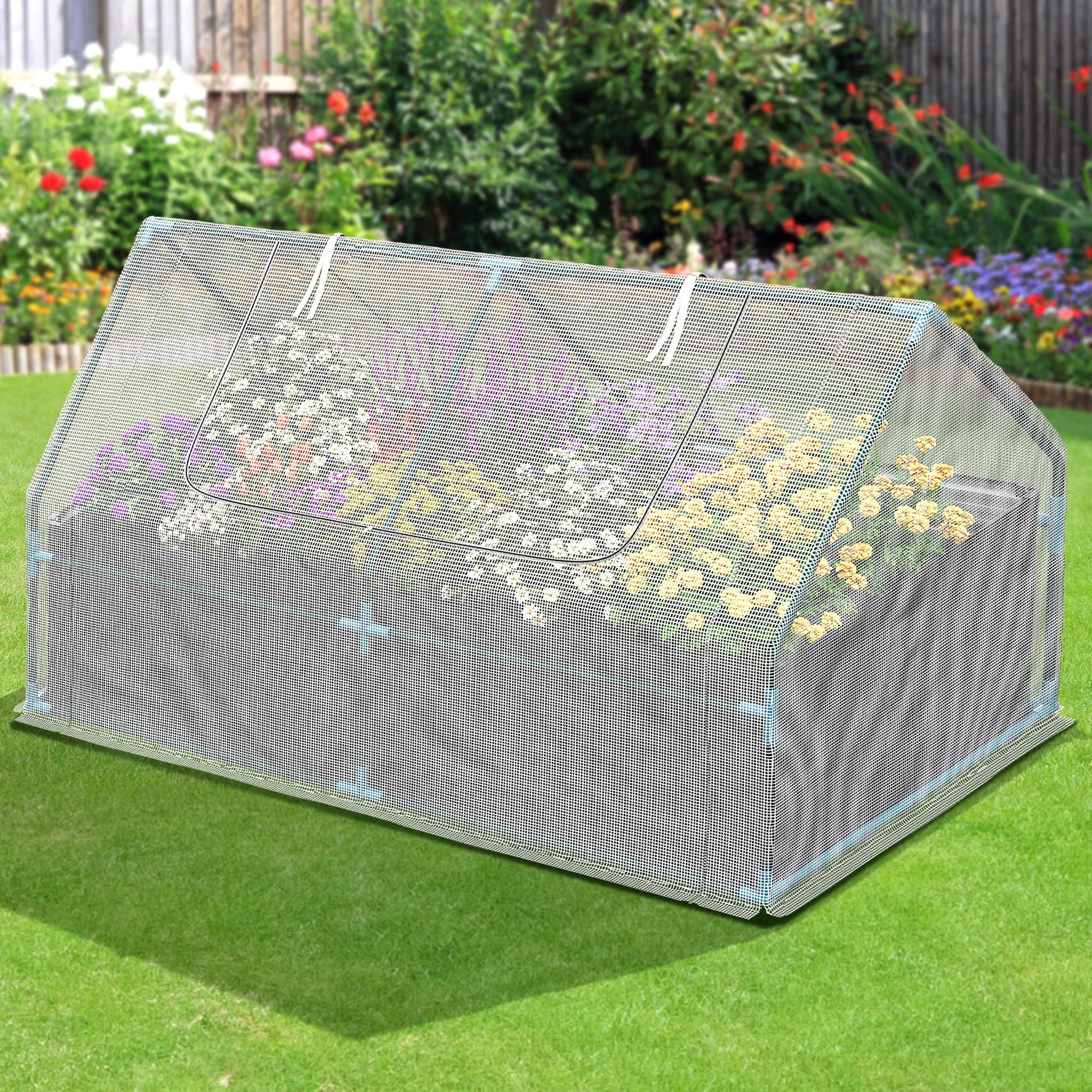 Dextrus 7.5x4x4FT Raised Garden Bed with Cover Extra Large Metal Planter Box Outdoor Flower Bed with Mini Greenhouse 2 Zipper Screen Windows for Outdoor Growing Vegetable, White