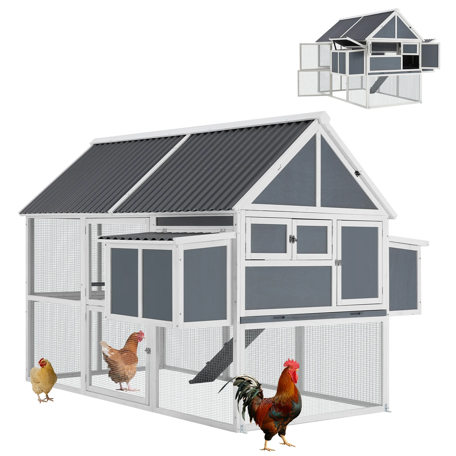 YODOLLA 84” Large Chicken Coop Outdoor Wooden Hen House Poultry Cage with 2 Nesting Boxes & Removable Tray,Gray