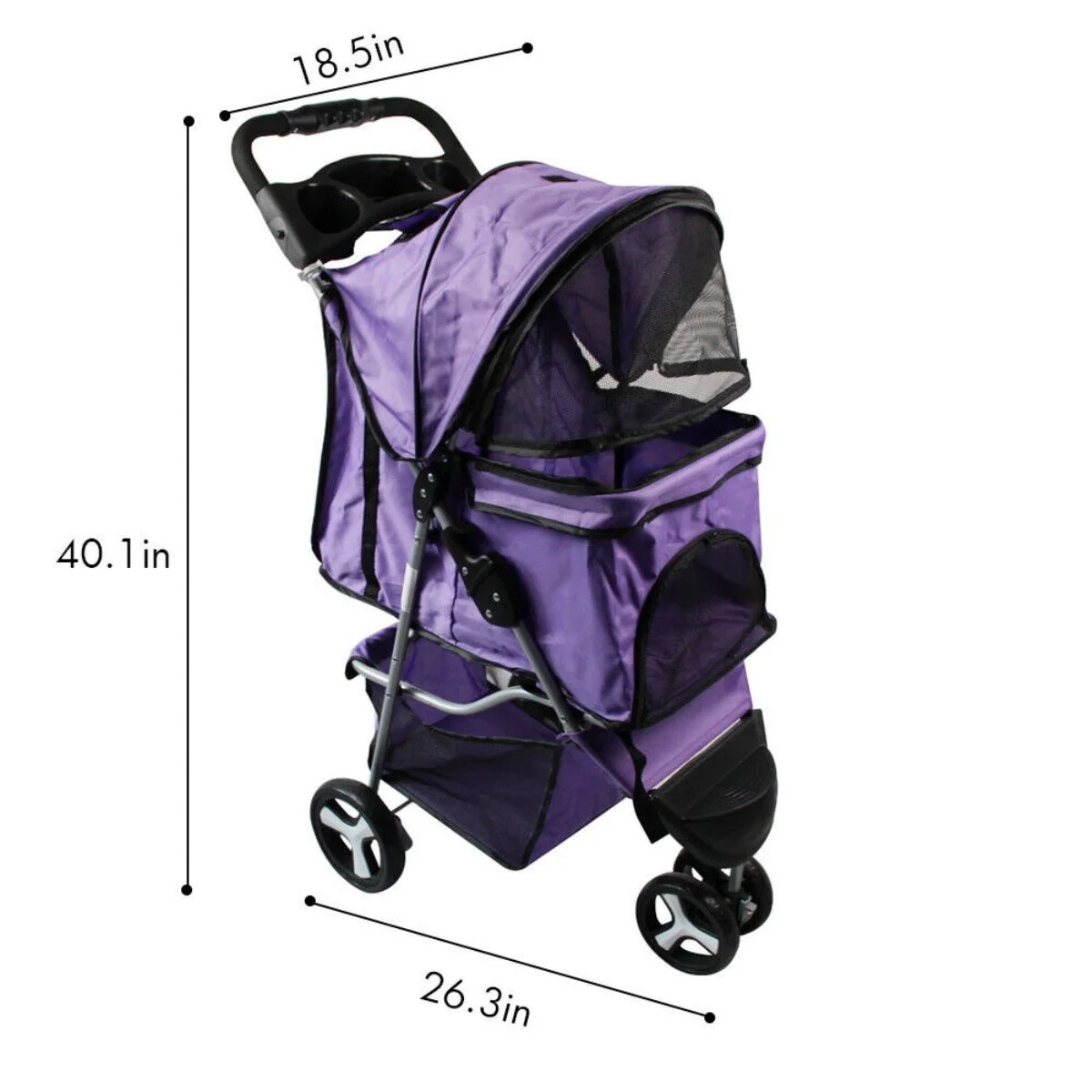 WSYW 3 Wheels Foldable Pet Stroller Cat Dog Travel Carrier Breathable with Basket Purple
