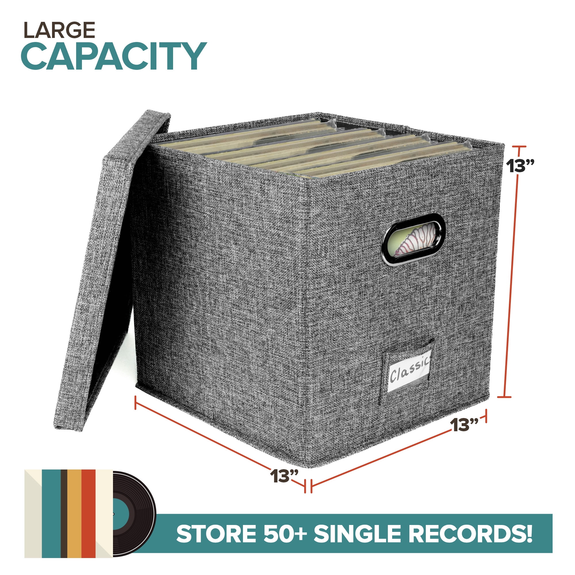 Vinyl Record Storage Box for up to 50+ 12-Inch Albums, Records Crate, LP Album Storage, Fabric Storage Boxes with Lids for Moving, Office, Closet, Home Organizer 13x13x13 (Gray)