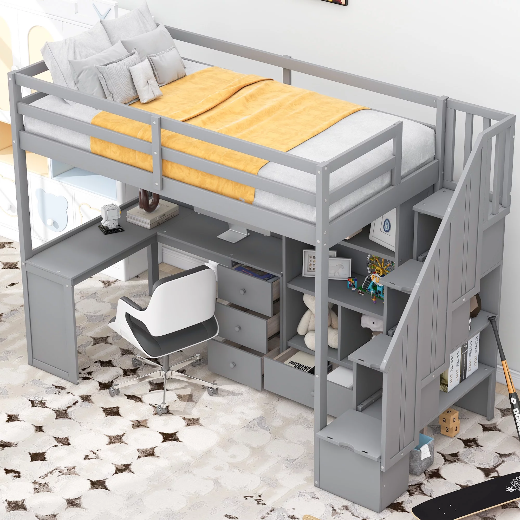 Bellemave Loft Bed with Desk and Stairs, Wood Twin Size Loft Beds Frame with 4 Sotage Drawers and 4 Shelves, High Loft Beds for Kids Teens (Gray)