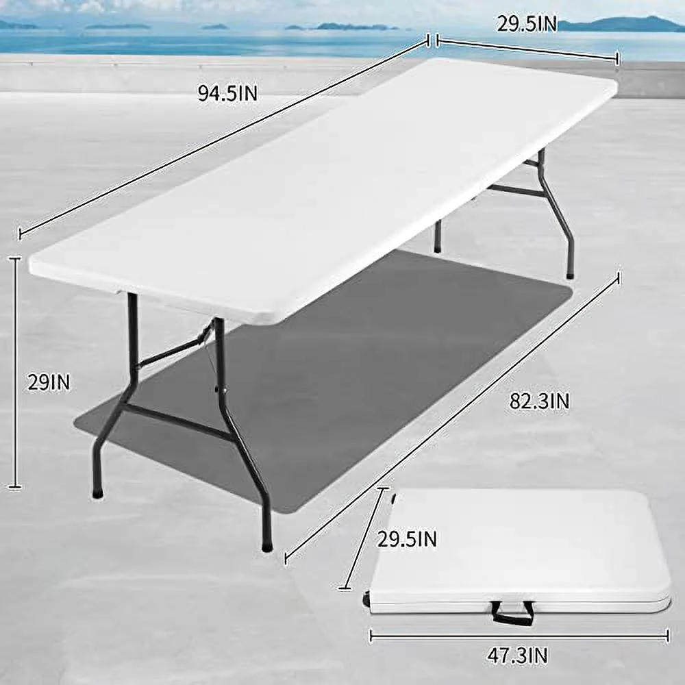 8 Ft Folding Table Lightweight Plastic Table Fold-in-Half Utility Foldable Table with Carry Handle Indoor Outdoor Portable Table for Picnic, Camping and Party, White