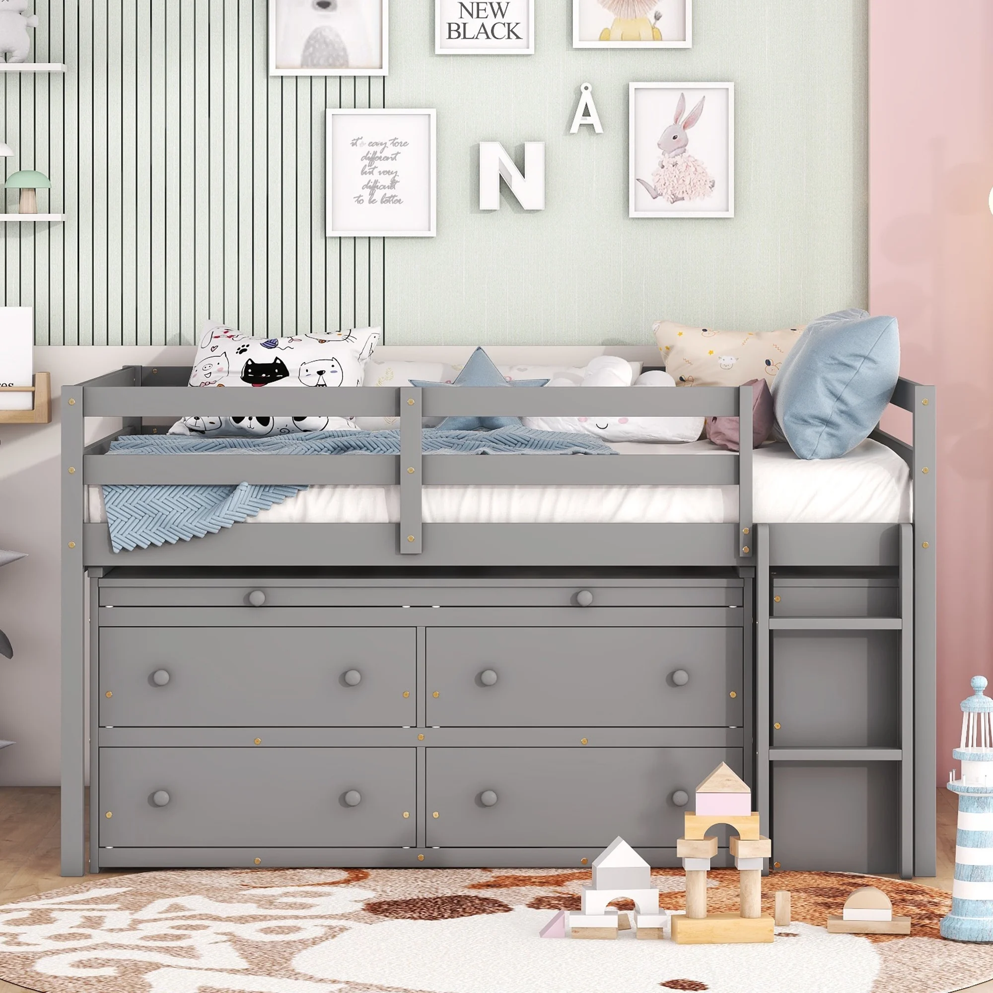 CoSoTower Full Size Loft Bed with Retractable Writing Desk and 4 Drawers, Wooden Loft Bed with Lateral Portable Desk and Shelves, Gray