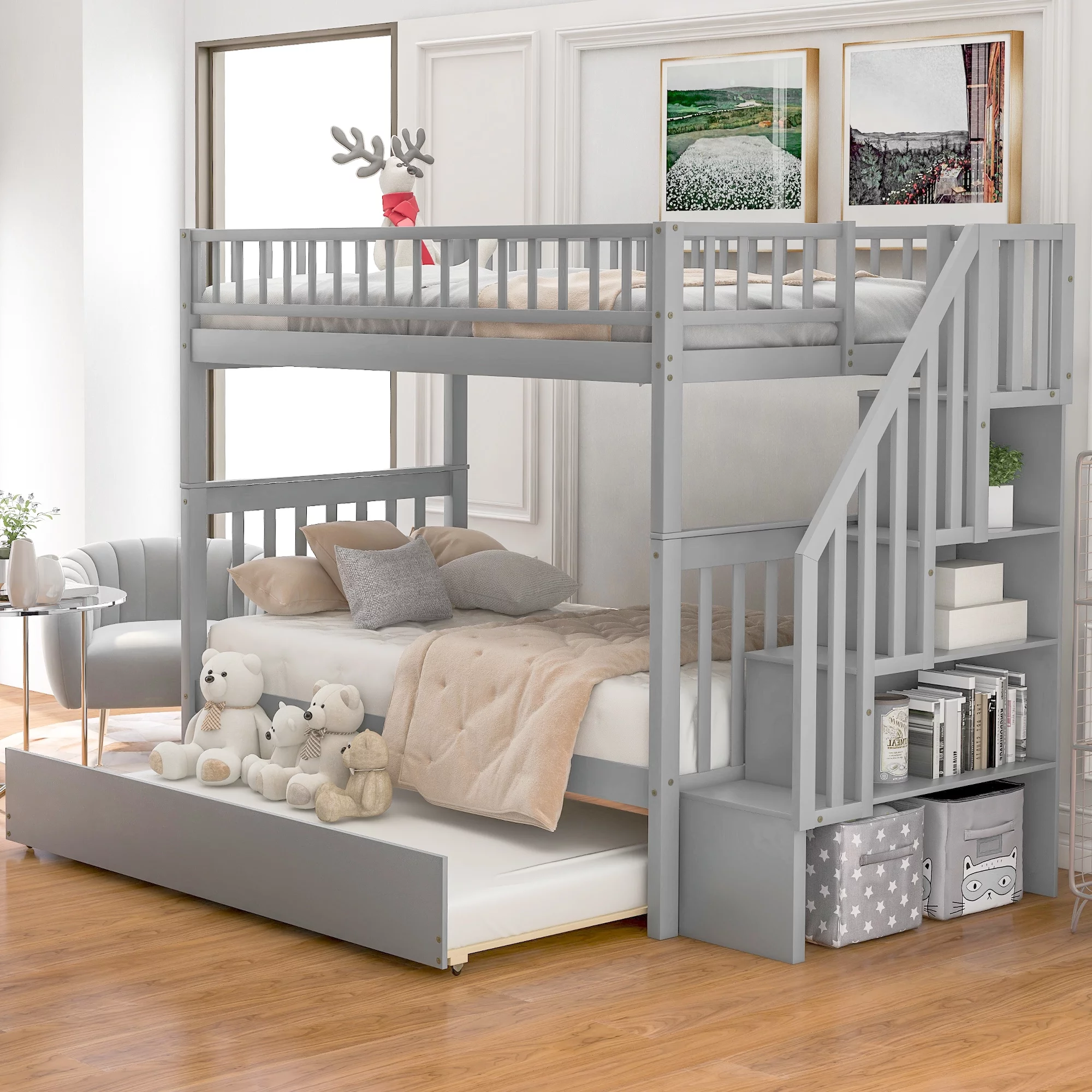 CHURANTY Solid Wood Bunk Bed Frame with Trundle,Twin Over Twin Loft Bed With Storage Stairways and Guardrails for Kids and Teens