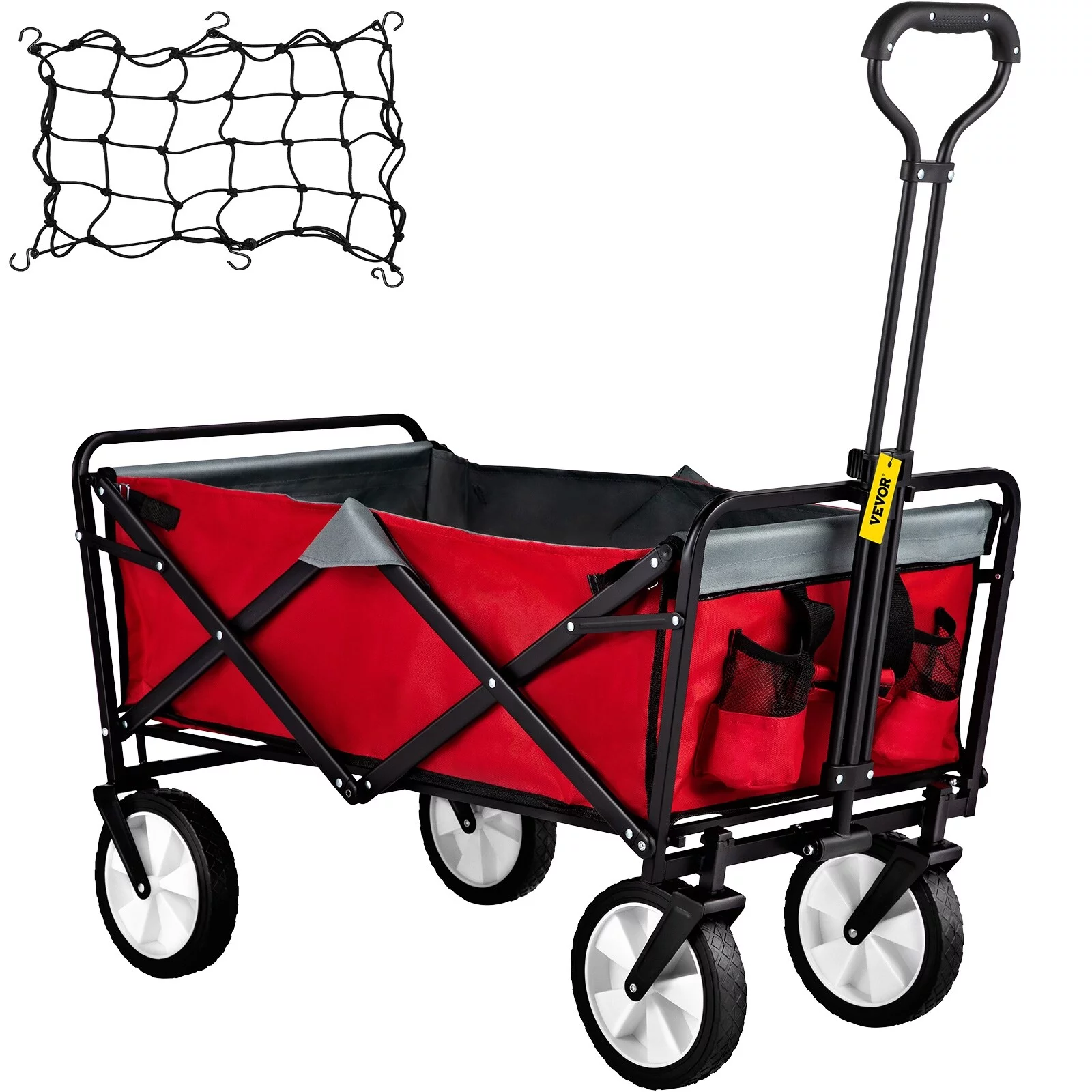 VEVOR Wagon Cart Folding Wagon Cart with 176lbs Load Outdoor Utility Wagon w/Adjustable Handle Red