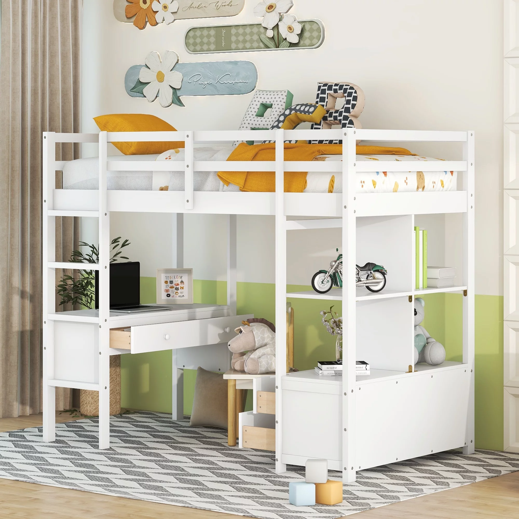 Royard Oaktree Twin Size Loft Bed with Built-in Desk and Storage Shelves with Drawers Wood Loft Bed Frame with Ladder and Guardrails, White