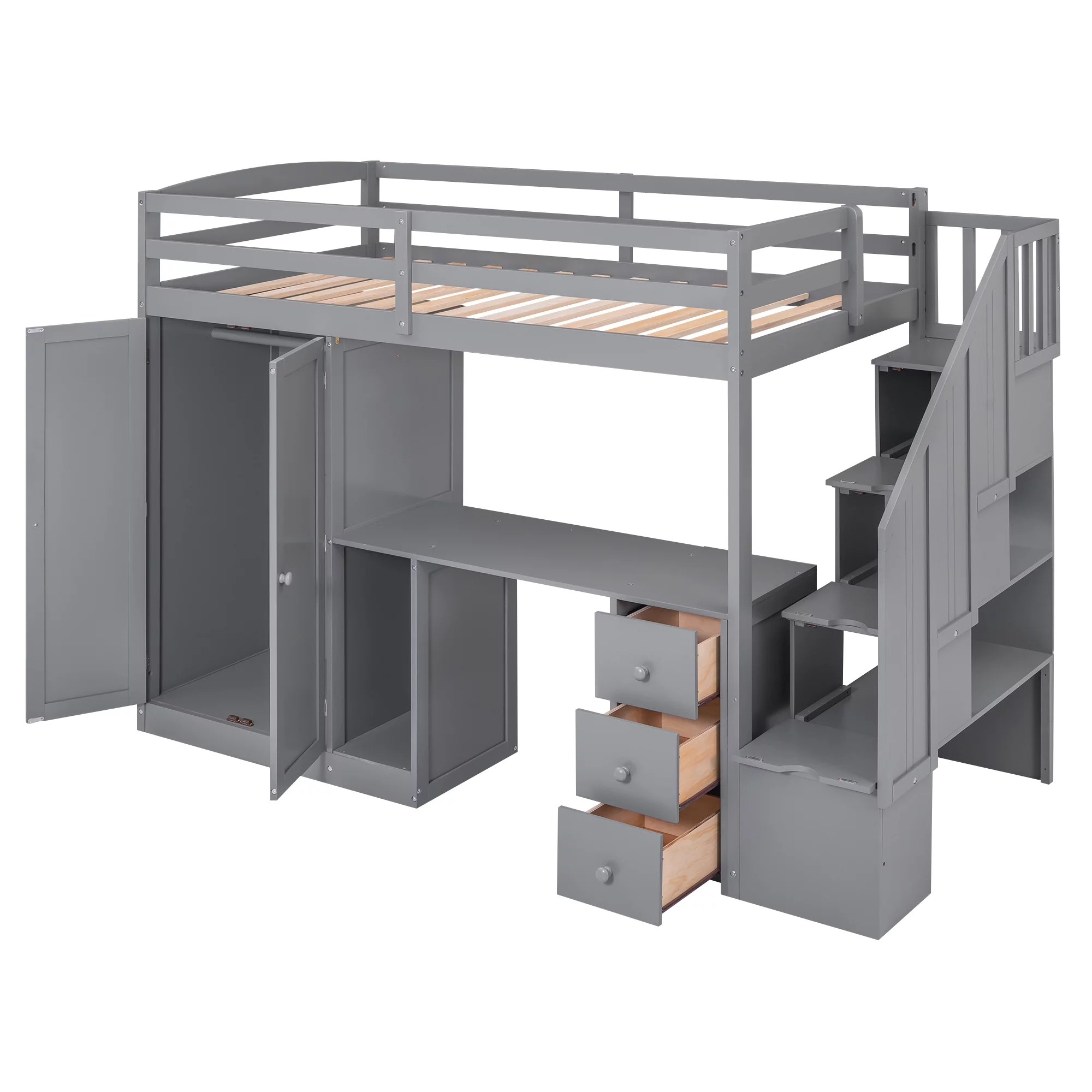 CoSoTower Twin Size Loft Bed With Wardrobe And Staircase, Desk And Storage Drawers And Cabinet In 1, Gray