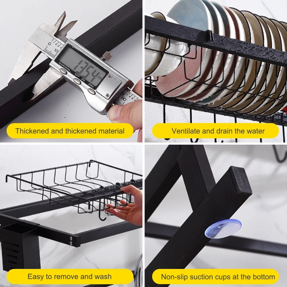 Dish Self Over the Sink Dish Racks for Kitchen Counter 2 Tier Full Stainless Steel Over Sinks Dry Rack , Multifunctional Over Sinks Shelf , Over Sinks Dish Drying Rack ,Black (Single Sink-85CM)