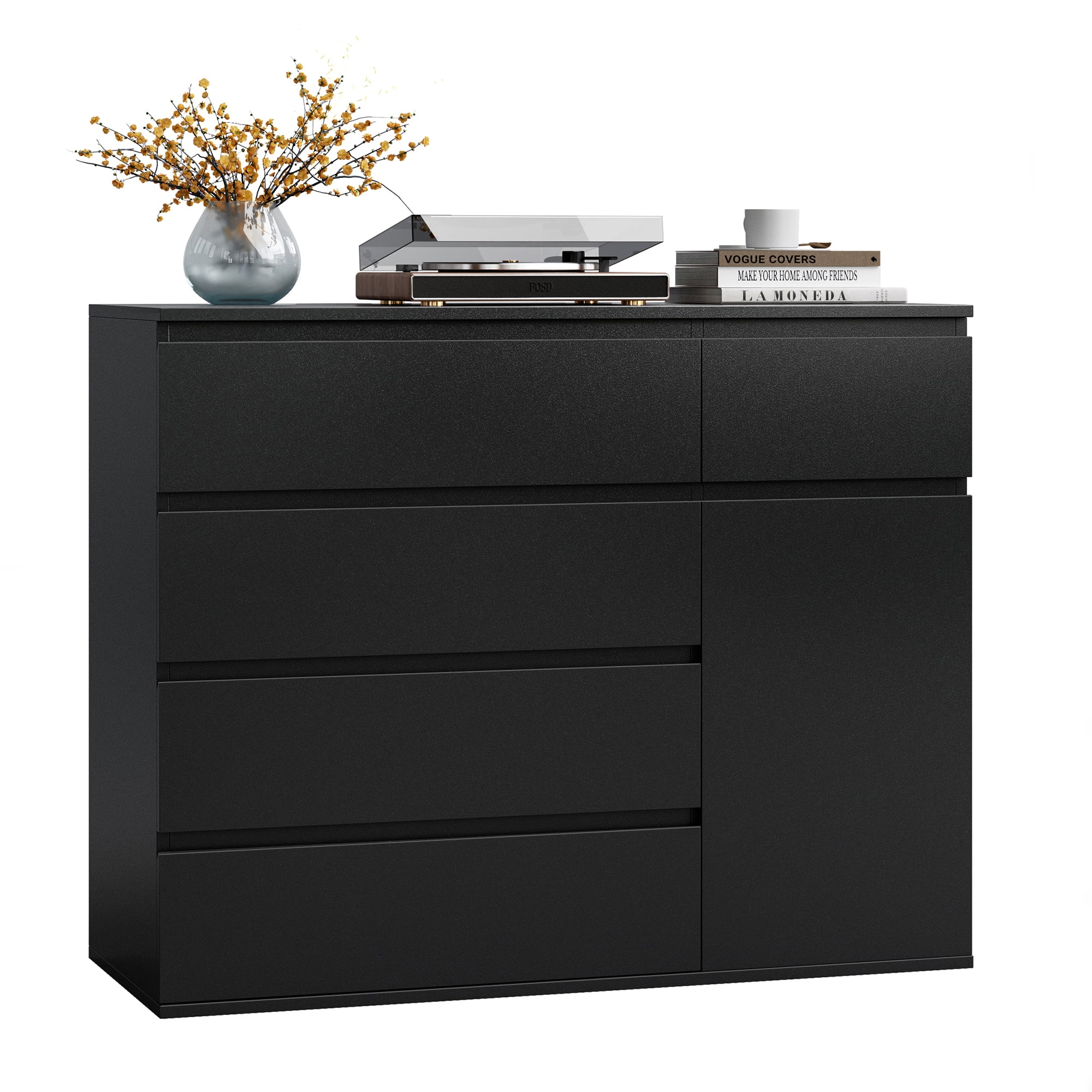 Homfa 5 Drawer Dresser with Door, Modern Accent Storage Cabinet Chest of Drawers for Bedroom Living Room, Black