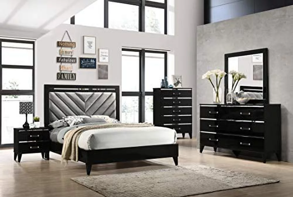 Kings Brand Furniture Madison 6-Piece King Size Black Bedroom Set. Bed, Dresser, Mirror, Chest & 2 Nightstands