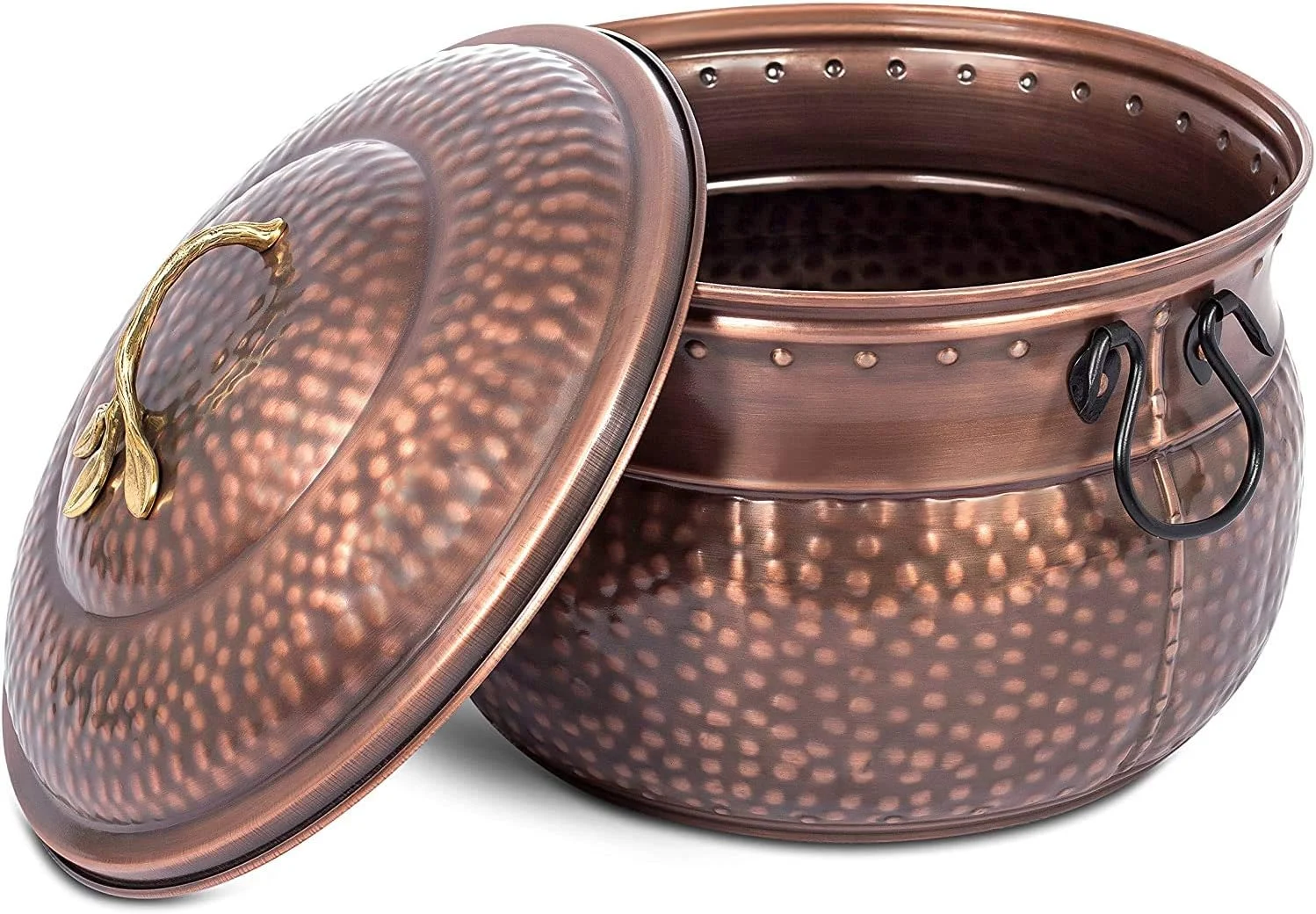 Water Hose Holder with Lid | Holds 200ft Hoses | Ground Garden Hose Pot | Decorative | Handle | Embossed | Steel Metal with Copper Accents | Outdoor or Indoor Use