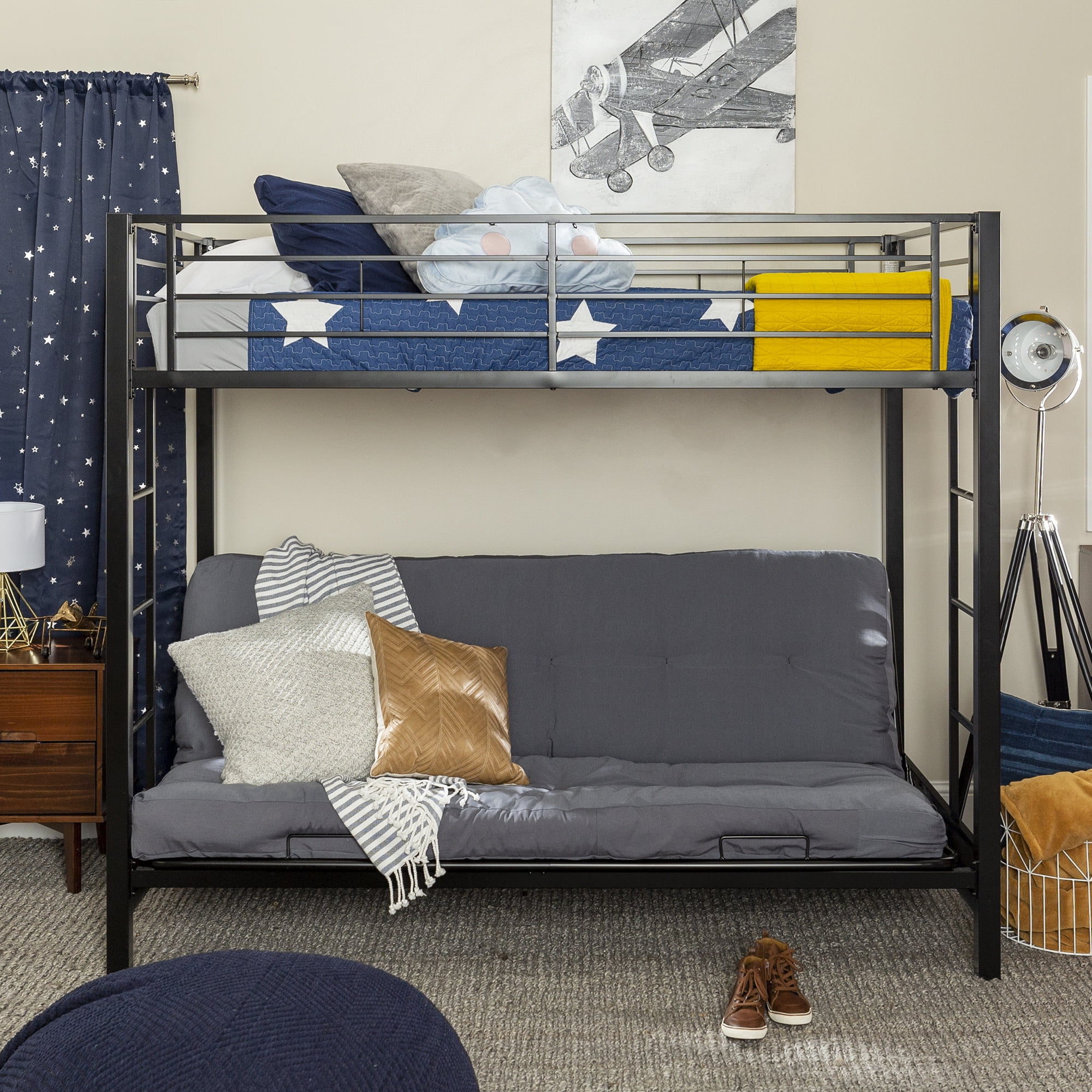 Walker Edison Premium Metal Twin Over Futon Bunk Bed - Black, Mattresses Not Included