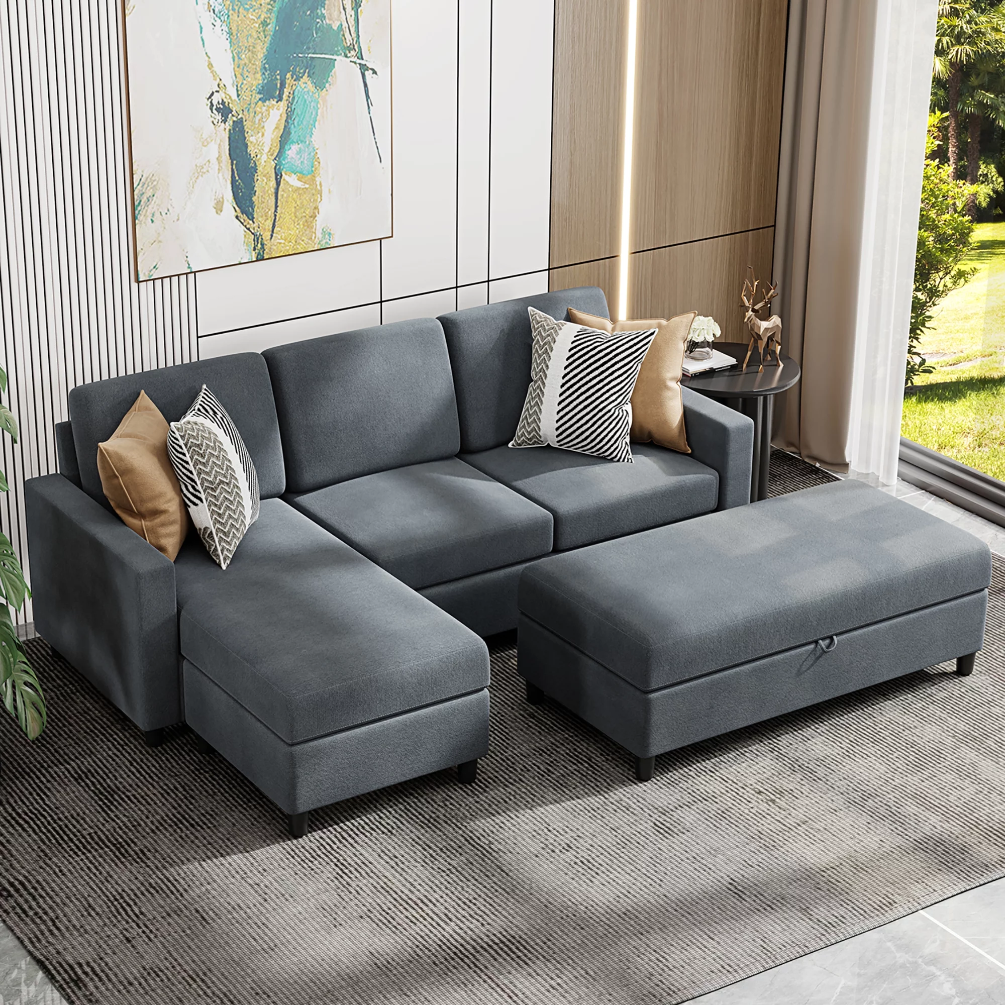 Convertible Sectional Sofa Couch with Storage Ottoman, L-Shaped Wide Reversible Chaise with Linen Fabric(Deep Grey)