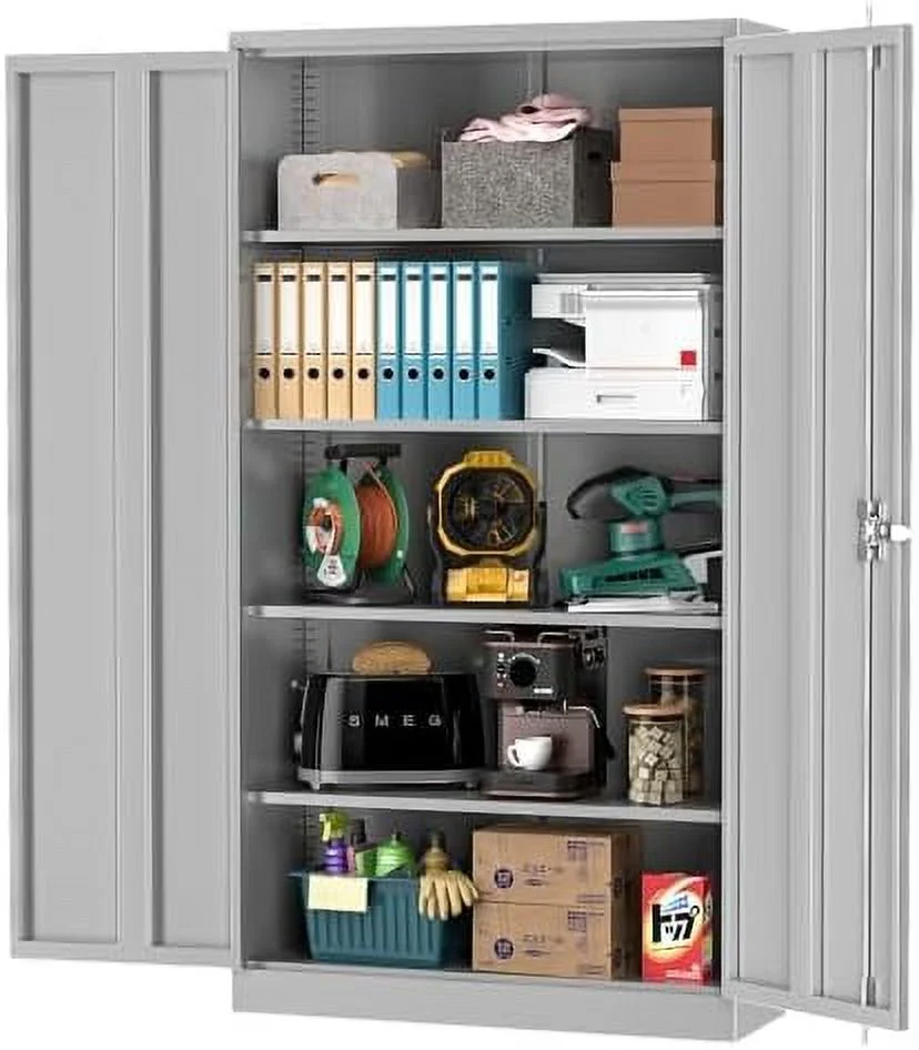 GEROBOOM Garage  Cabinets with Doors and Shelves  72" Steel Tool Locking Cabinet  Metal  Cabinet for Home Office  Warehouse  School (New Grey)