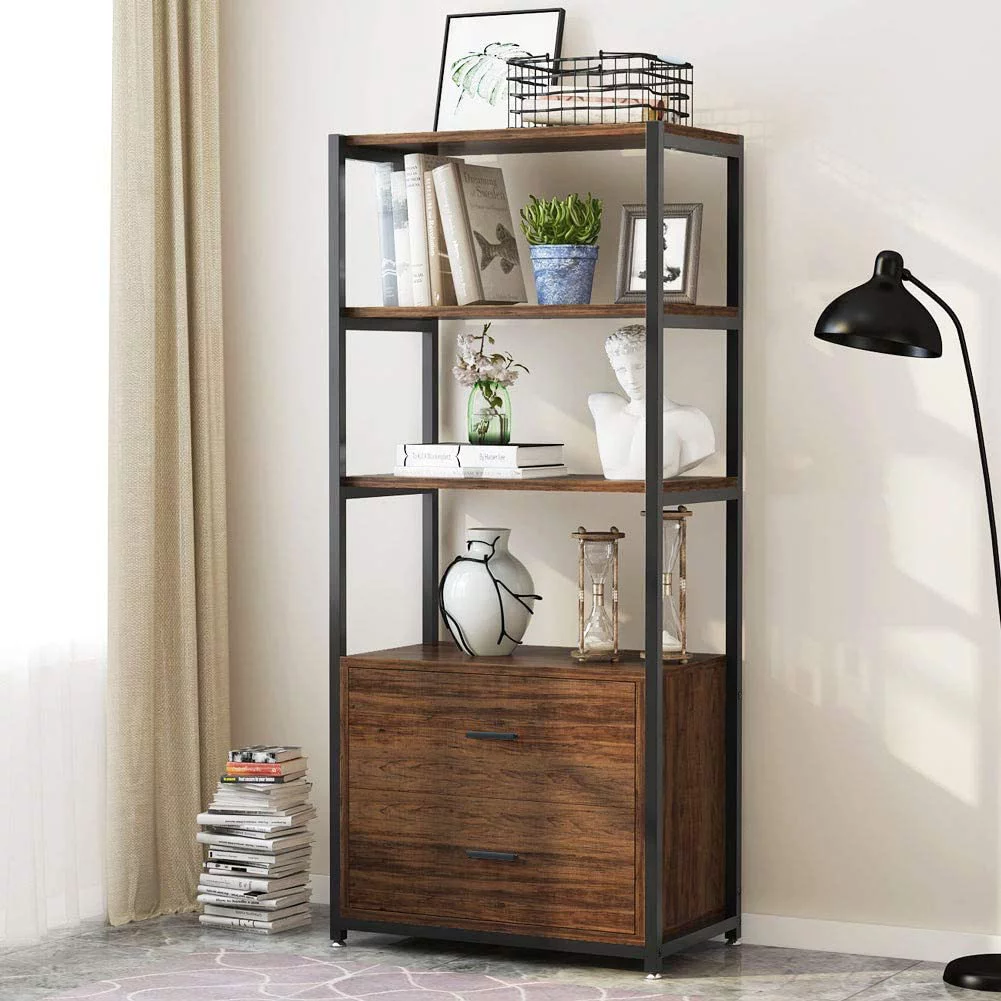 Bookcase with 2 Drawers, Vintage Industrial Etagere Standard Bookshelf in Rustic