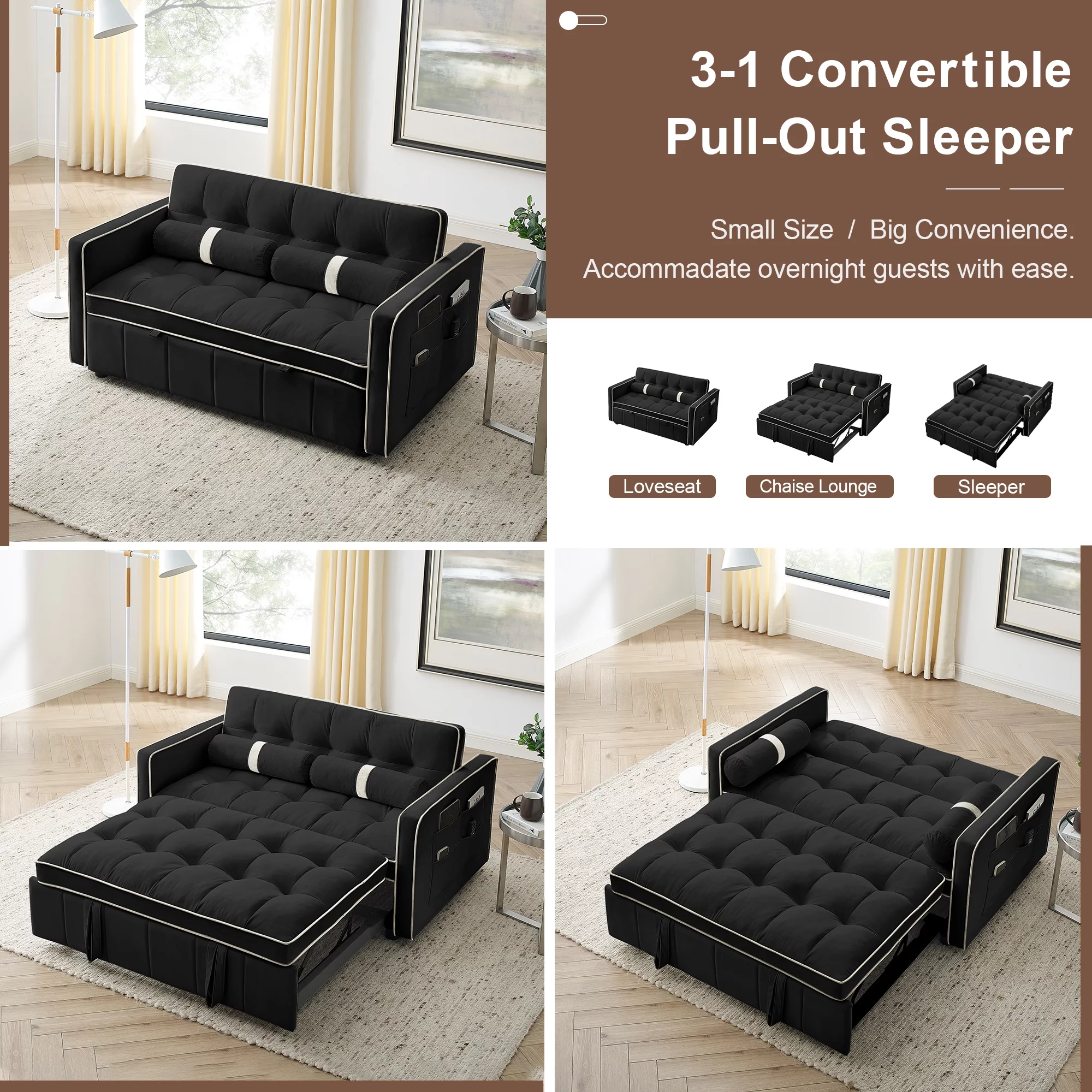KINFFICT Futon Sofa Bed, Convertible Sleeper Sofa Bed with Pull Out Couch, Modern Velvet Loveseat Sleeper, Small Couch for Living Room, Black