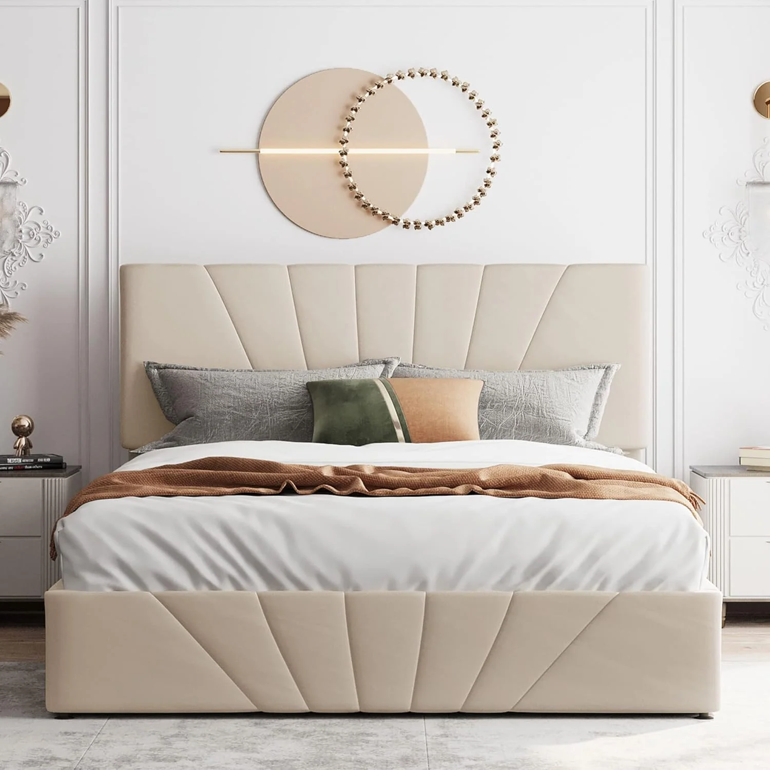 Upholsered Plaform Bed Frame Wih Sorage, Quee Size Bed Wih Gas Lif Up Sorage, Woode Sorage Bed Wih ufed Headboard Ad Hydraulic Sorage Sysem,Beige