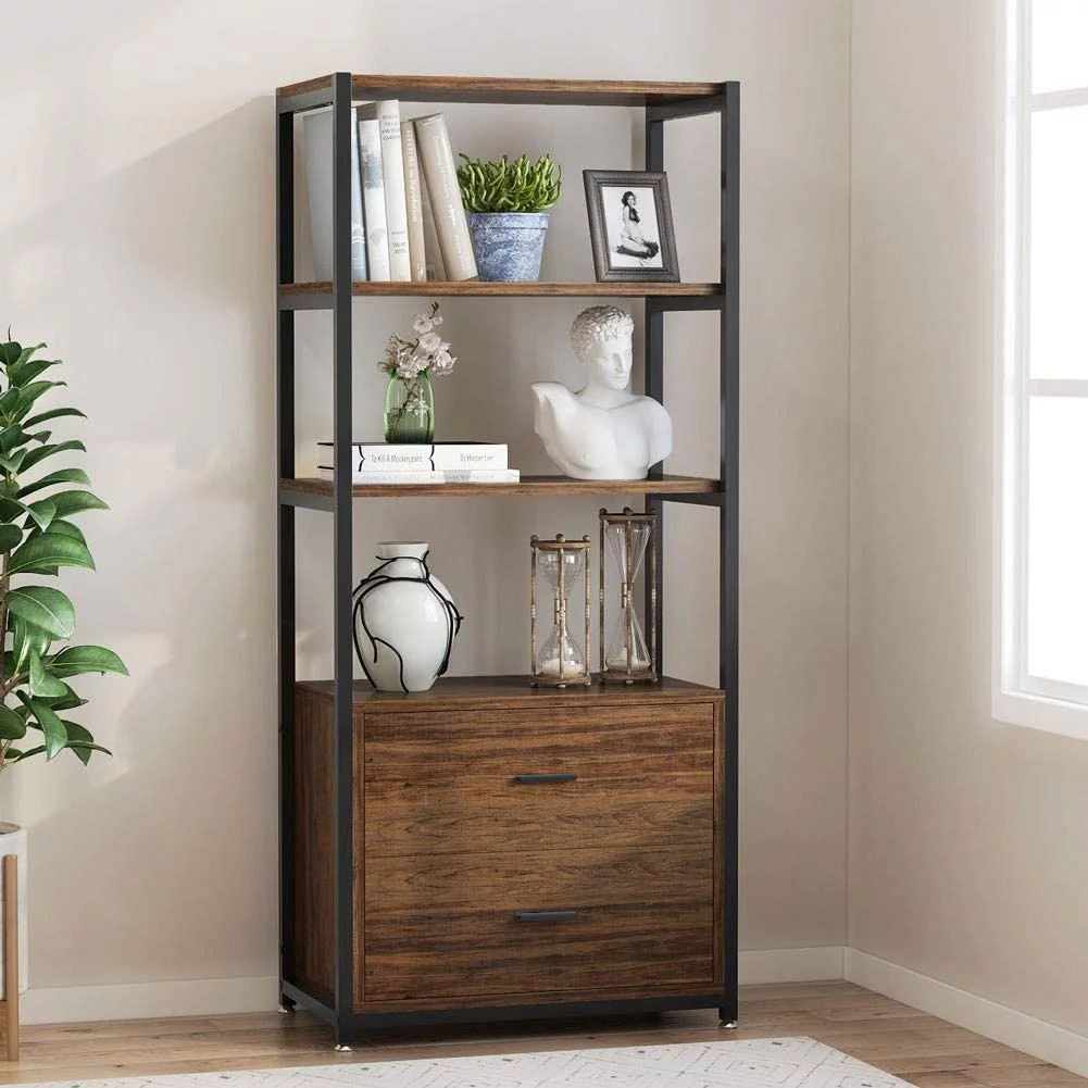 Bookcase with 2 Drawers, Vintage Industrial Etagere Standard Bookshelf in Rustic