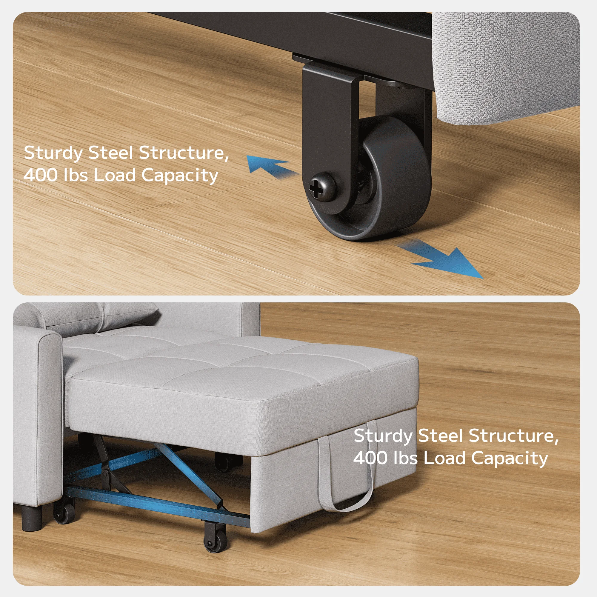 Asofer Sofa Bed Chair, 3 in 1 Convertible Futon Couch Recliner, Sleeper Sofa for Home or Office, Light Gray