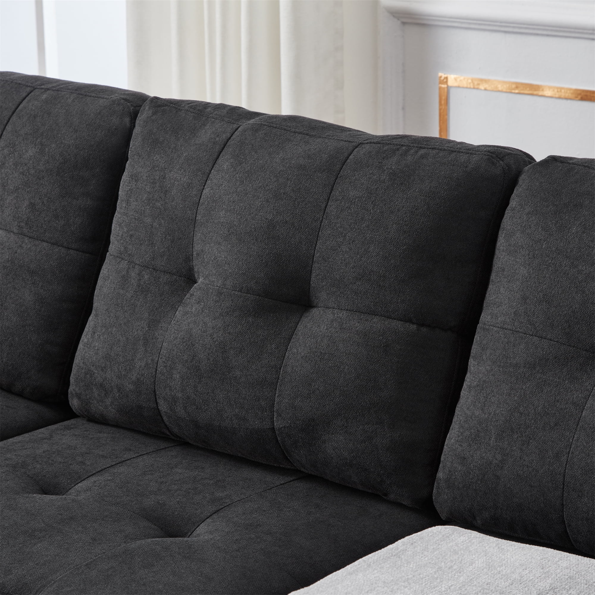 GEXPUSM Sleeper Sofa, Modern Convertible Black Sofa Bed with Pull Out Couch Bed, L Shaped Sofa with Storage Chaise, Linen Couches for Living Room