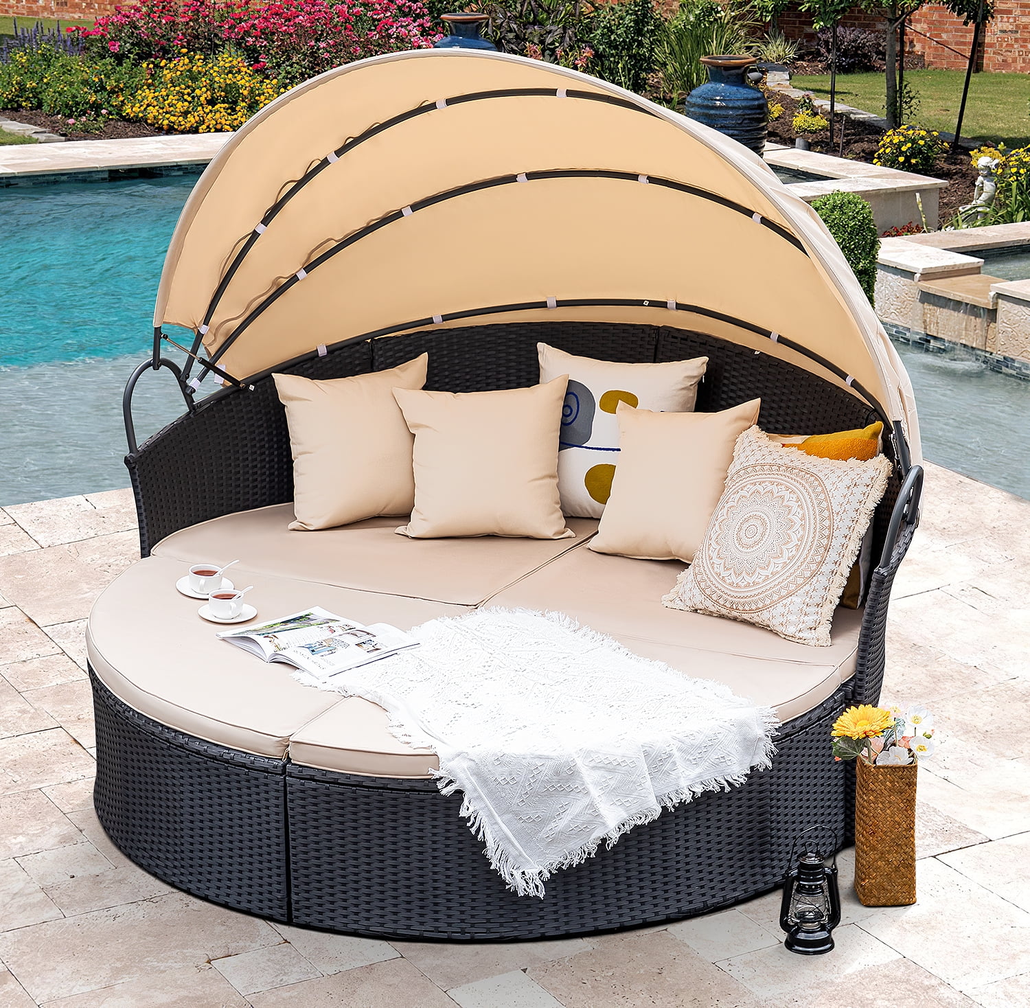 Homall Outdoor Daybed with Retractable Canopy Sectional Rattan Round Bed for Patio, Black & Beige