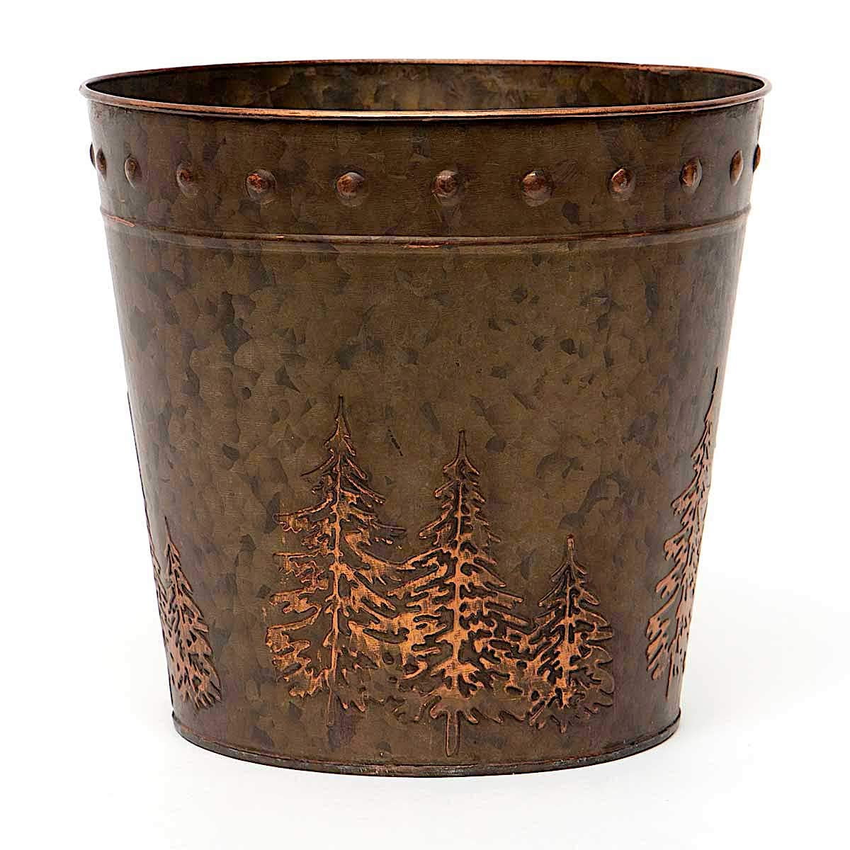 S/2 Buckets Antique Bronze W Embossed Trees Christmas Holiday Decor Metal Rustic Planters Organizers Modern Farmhouse 8.5
