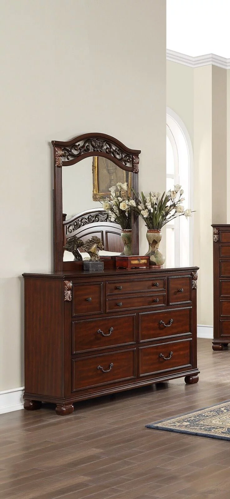 Royal Gorgeous Traditional Queen Bed Dresser Mirror Chest Wooden Brown Finish 4pc Set Bedroom Furniture