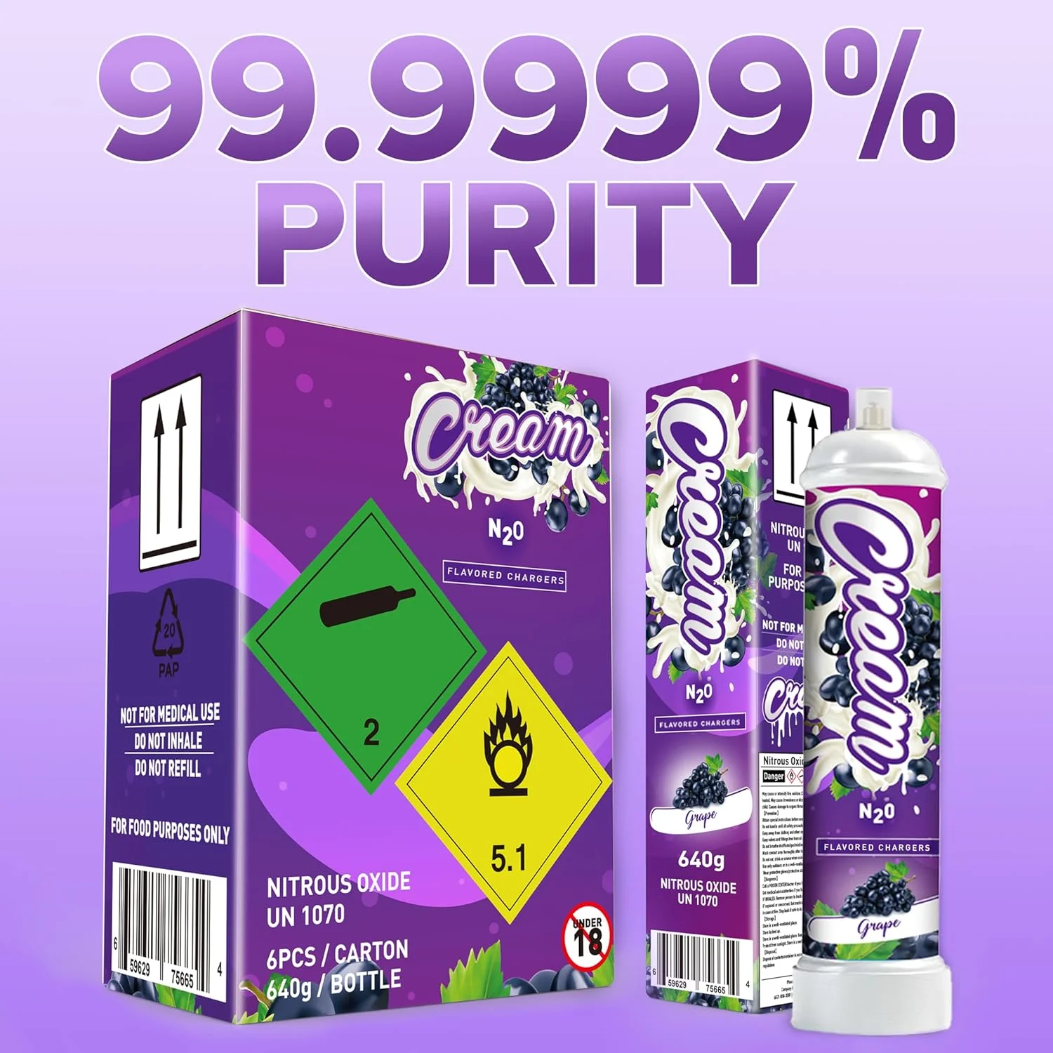 CREAM N2O Nitrous Oxide Whipped Cream Charger (Grape, 1pc, 640g 1.1L) - Nitrous Tank Whip Cream Charger, Nitrous Oxide Canister, N20 Whipped Cream Chargers, Whip It NO2 Cartridges, Nitrous Oxide Tank