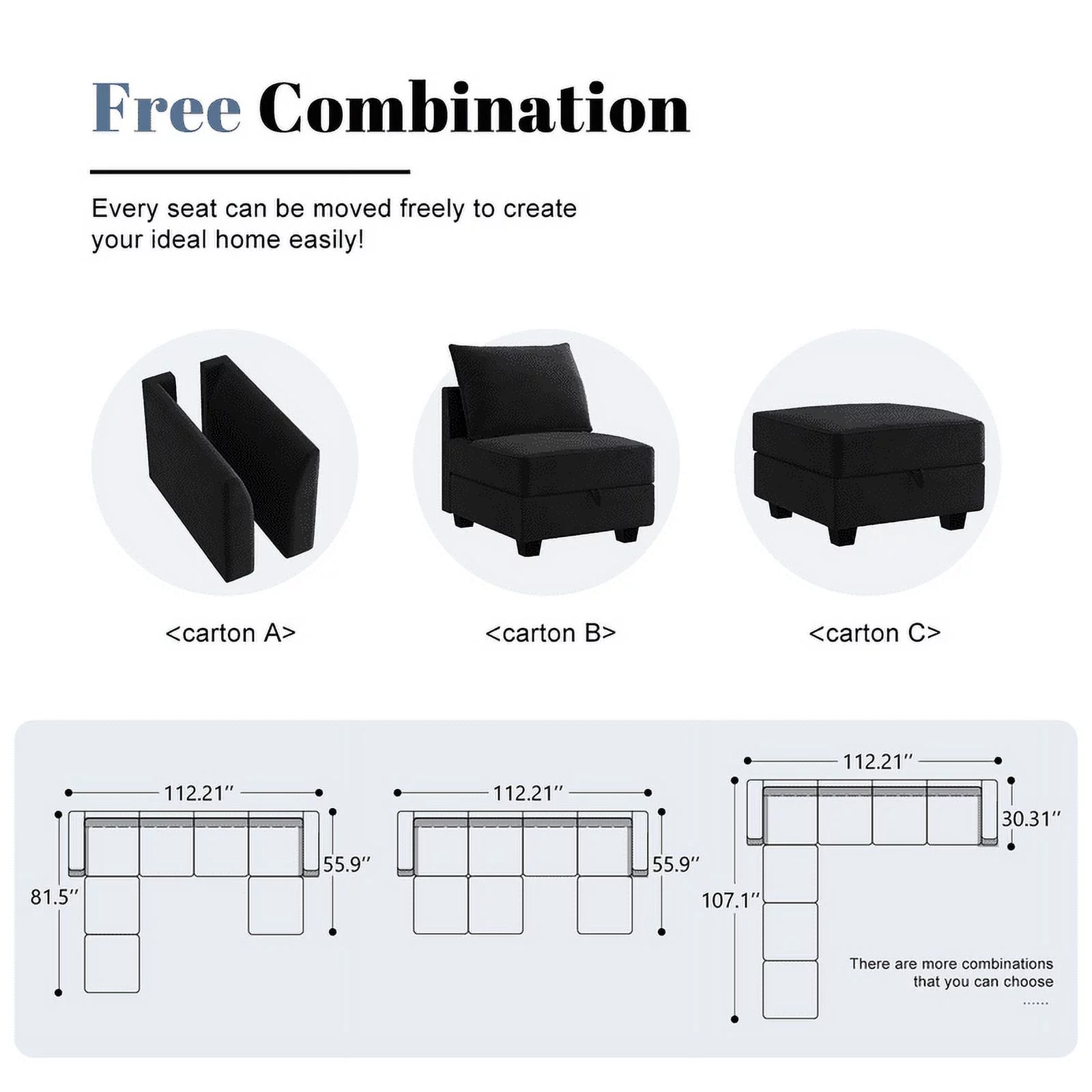 HONBAY Modern Upholstered Sofa Couch Bed with Movable Storage Ottoman for Apartment, Black