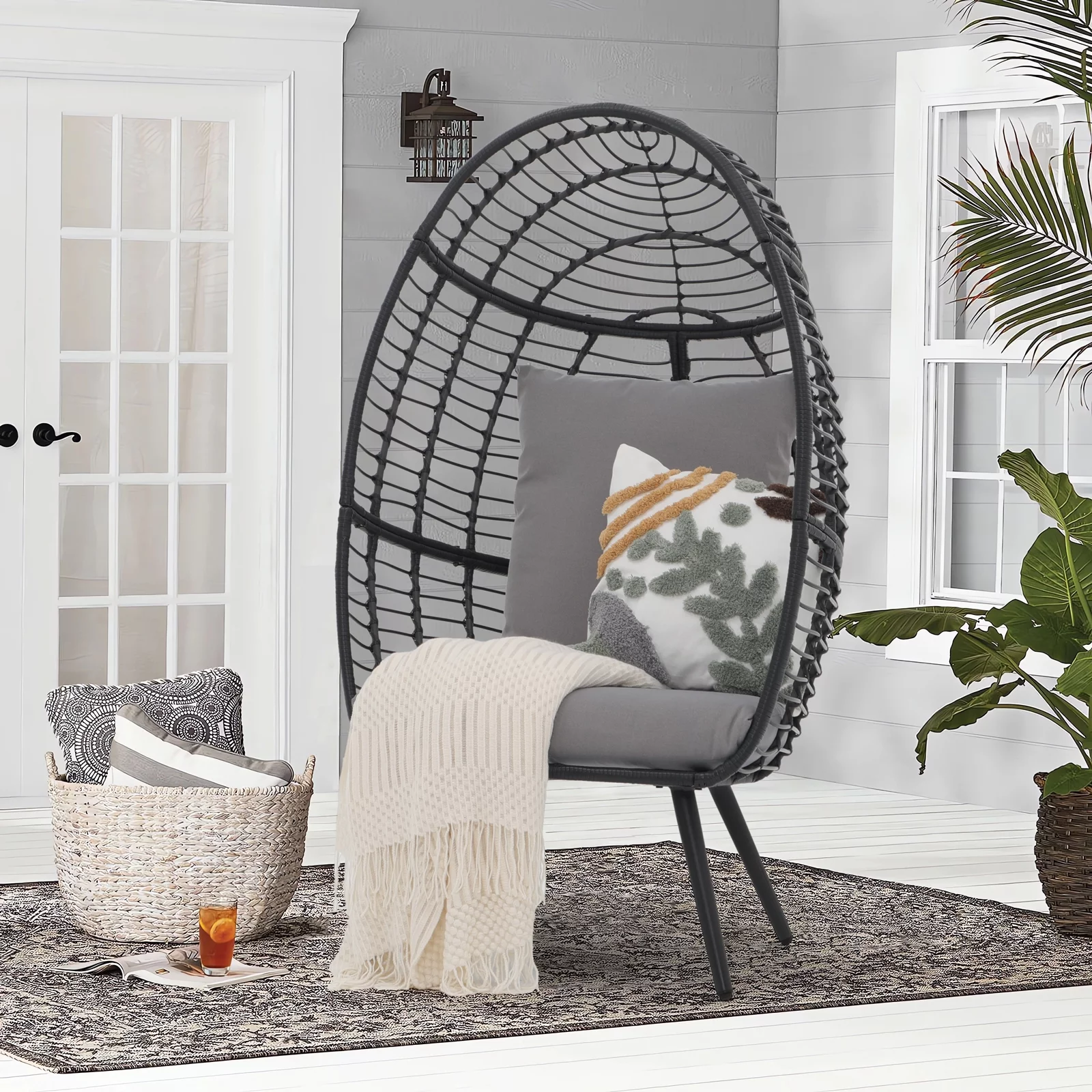 OC Orange-Casual Wicker Egg Chair, Rattan Lounge Chair, for Outside w/Legs Cushion, Outdoor Indoor, for Front Porch, Patio, Living Room, Bedroom, Backyard, Grey Cushion