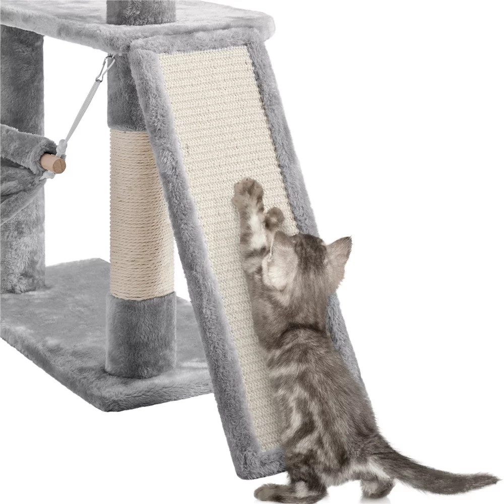 Easyfashion 69.5-inch Cat Tree Cat Activity Center with Scratching Post Tunnel Light Gray