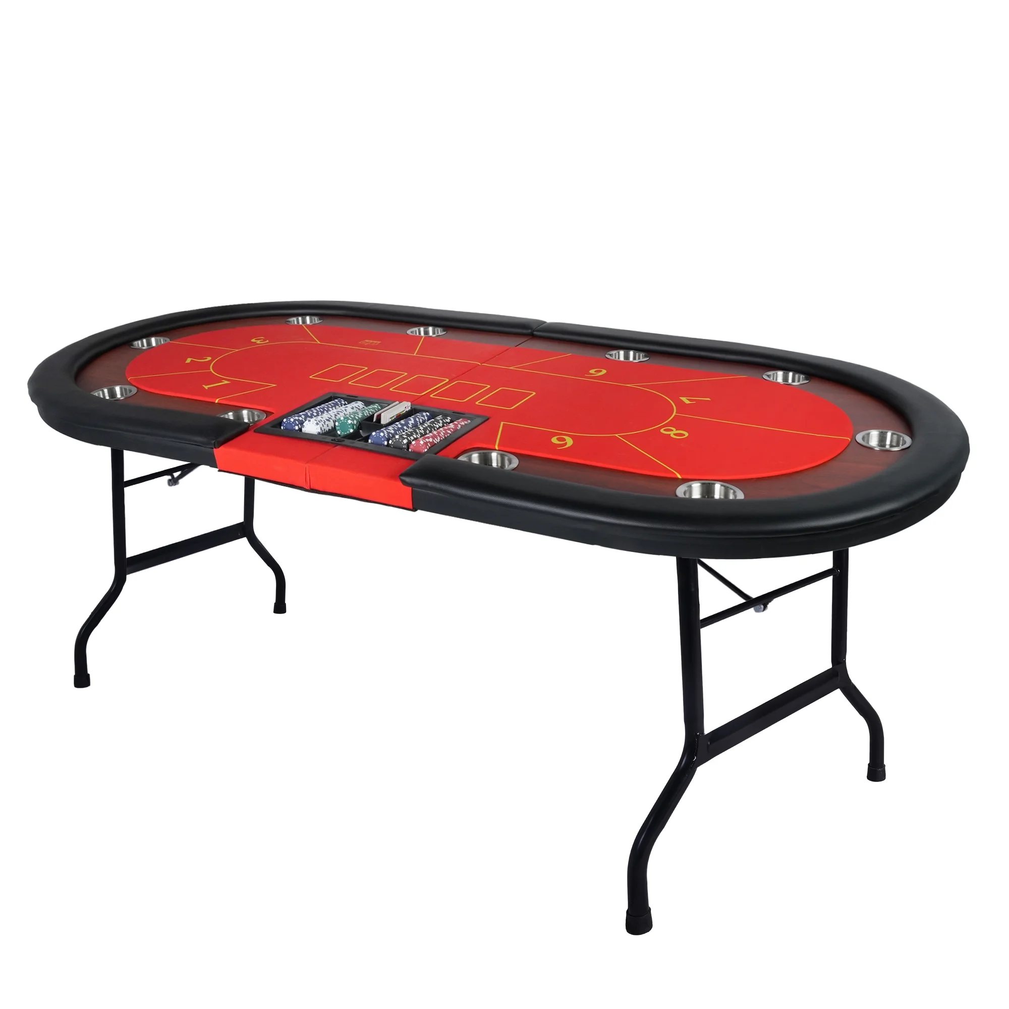 10 Player Foldable Poker Table with Cup Holders, Portable Texas Blackjack Holdem Poker Table with Chip Tray, Folding Casino Leisure Card Board Game Table with Padded Rails, Stylish Red Design