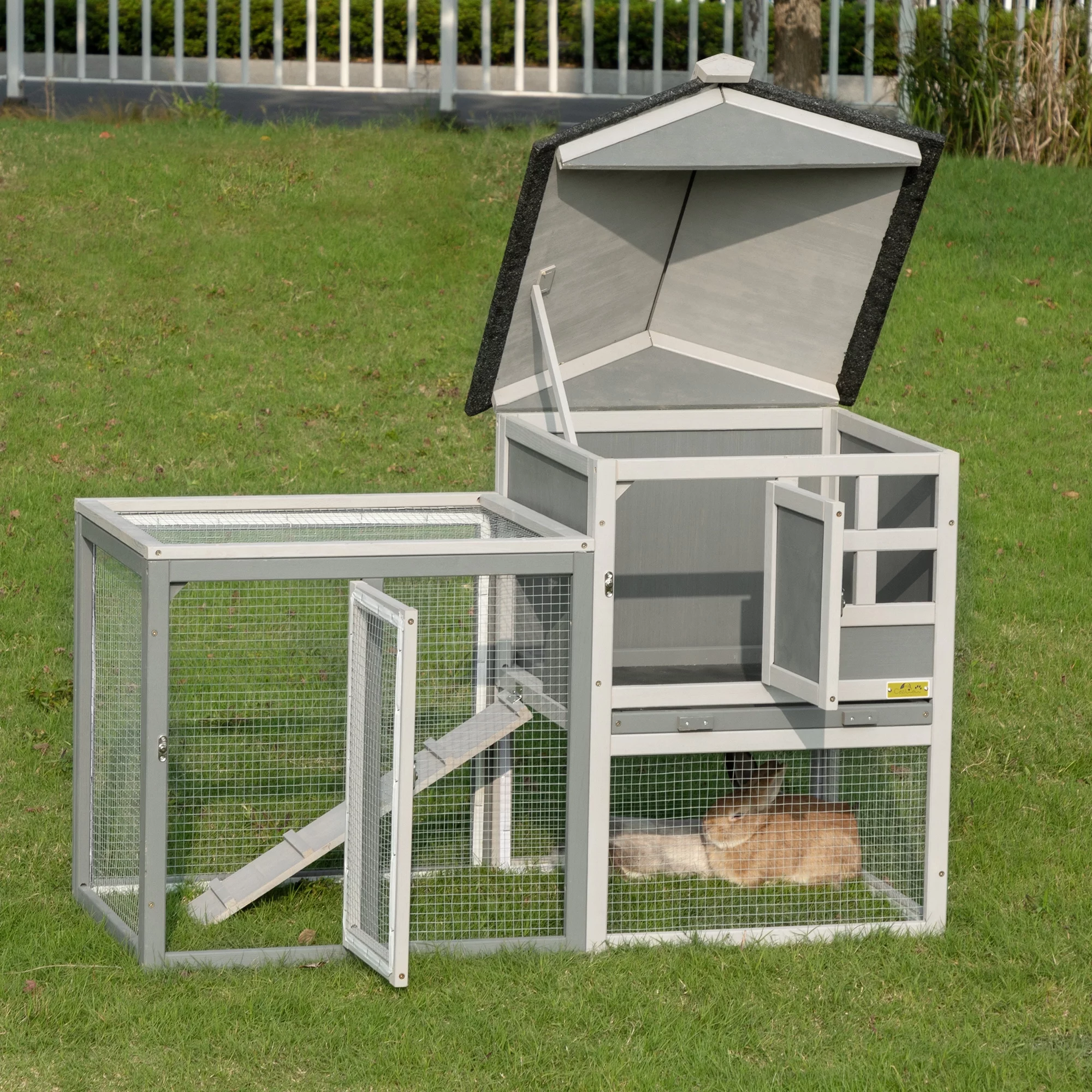 Coziwow Wooden Rabbit Hutch Small Animal Cage Guinea Pig Coop W/ Openable Roof, Gray