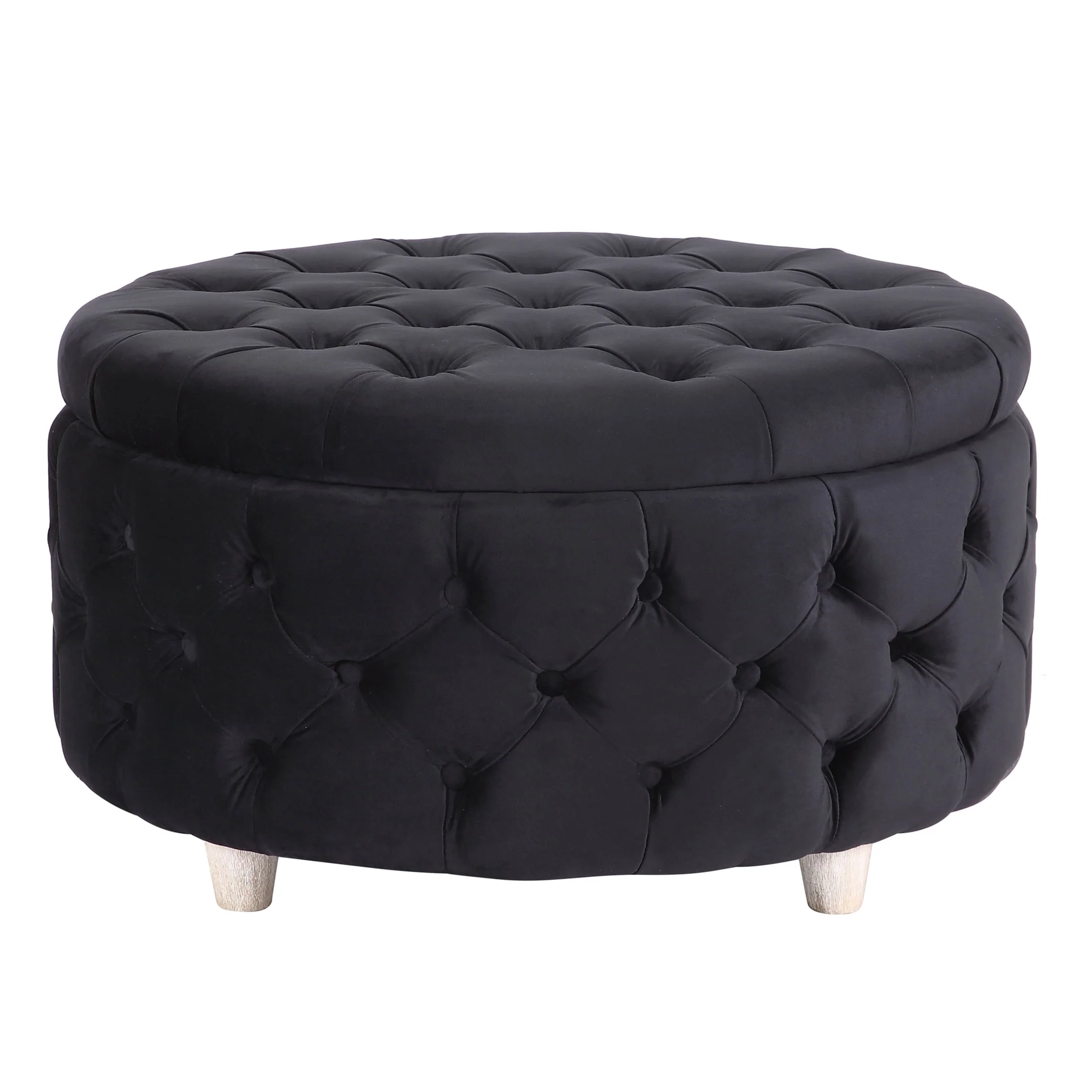 Wordford Round Velvet Tufted Storage Ottoman, Velvet Black