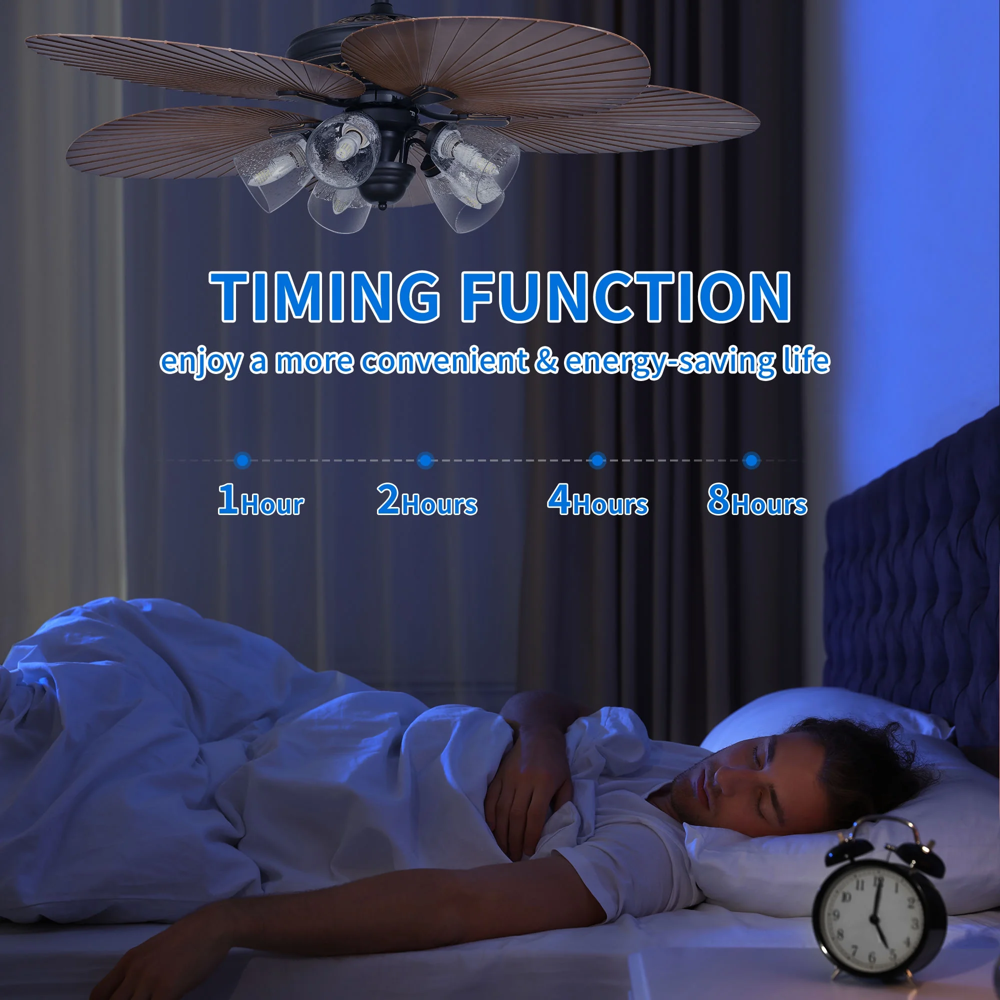 Dextrus 52in Tropical Ceiling Fans with Light and Remote, 5 Palm Leaf Blades, 3 Speed, Timer - Black & Brown