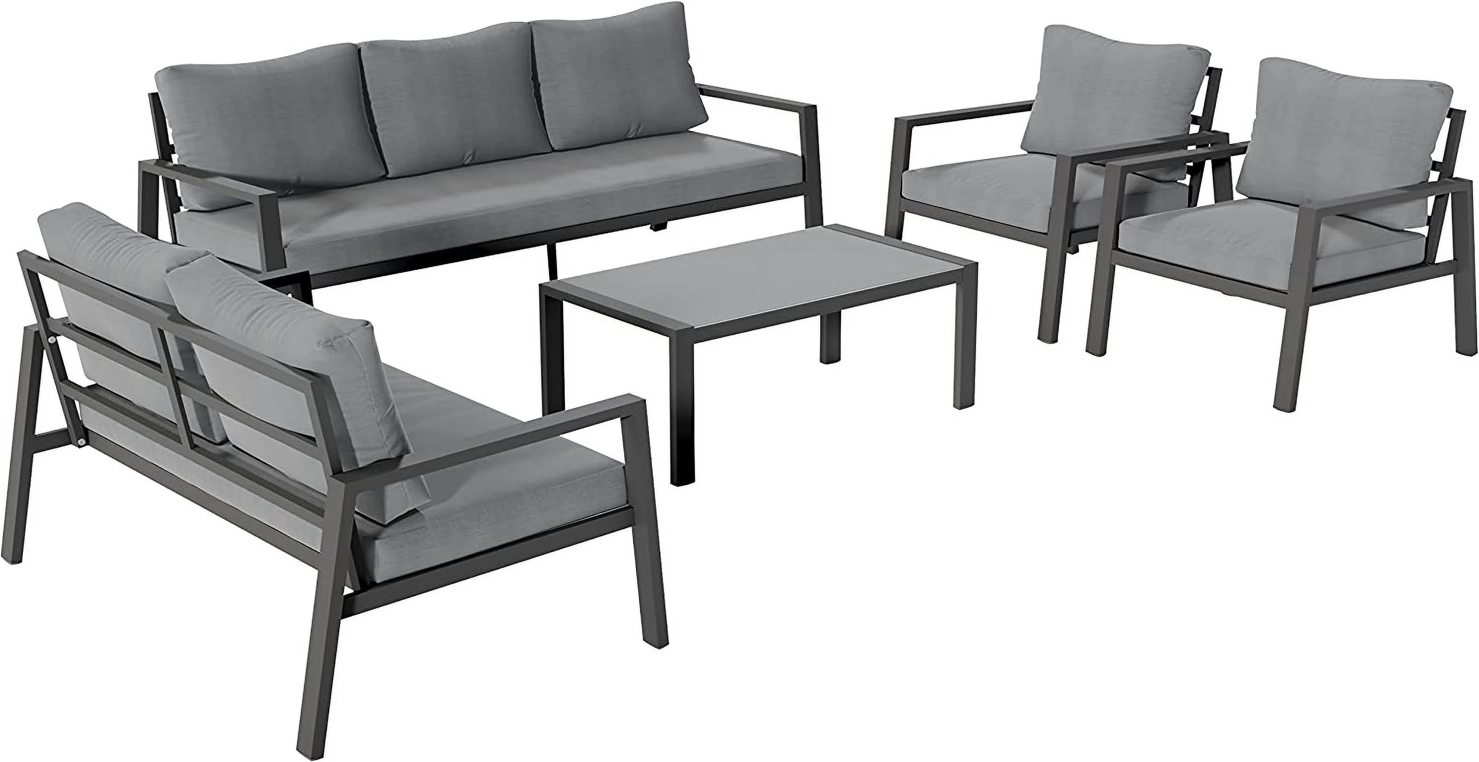 Jardin Outdoor Aluminum Patio Furniture Set  5 Piece Patio Conversation Set with Removable Cushions  Modern Outdoor Sectional Sofa with Glass Coffee Table  Dark Grey Finish & Grey Cus