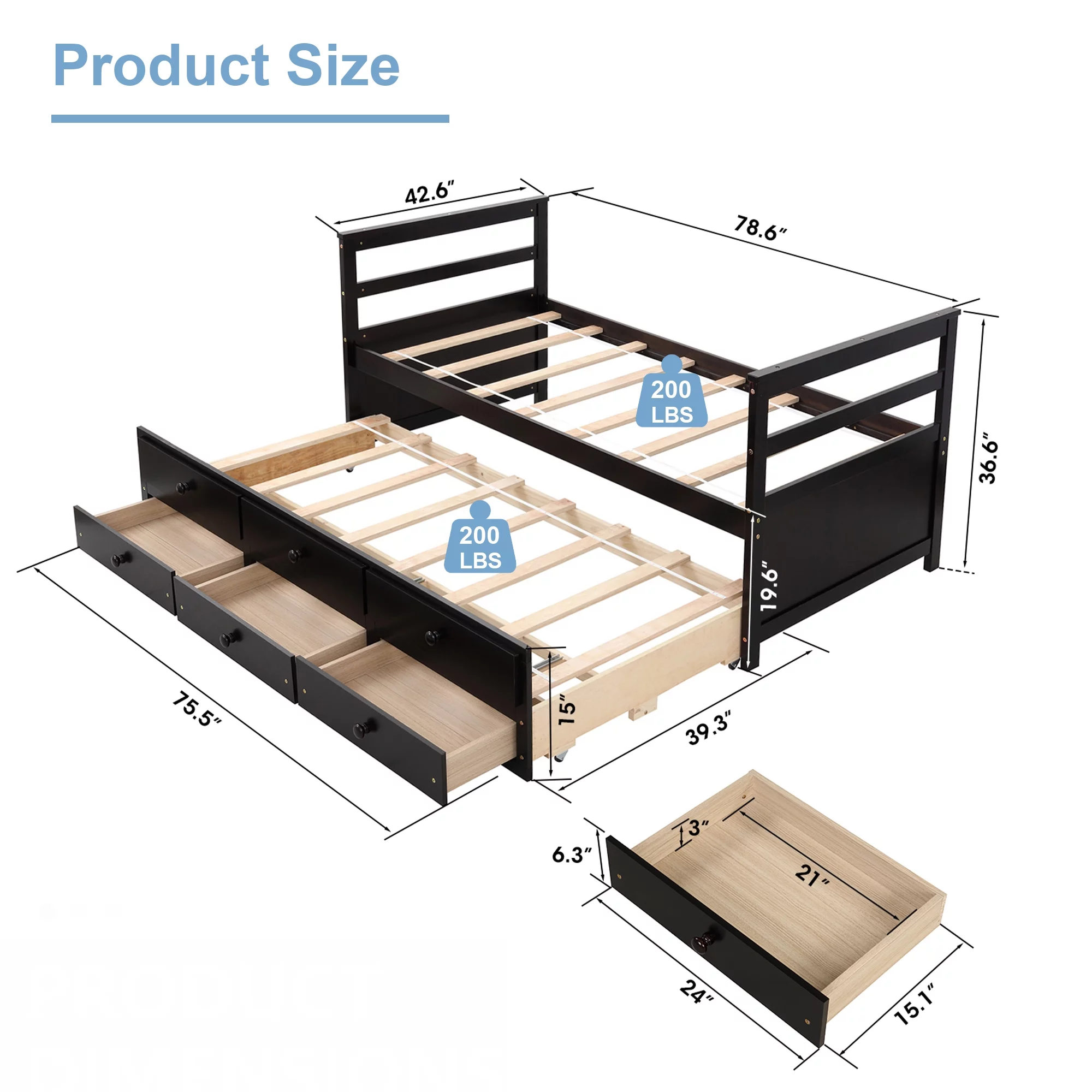 Superjoe Twin Trundle Bed with 3 Drawers Captain Bed Daybed, Wood Frame with Storage, Great for Kids Teens Guests, Brown