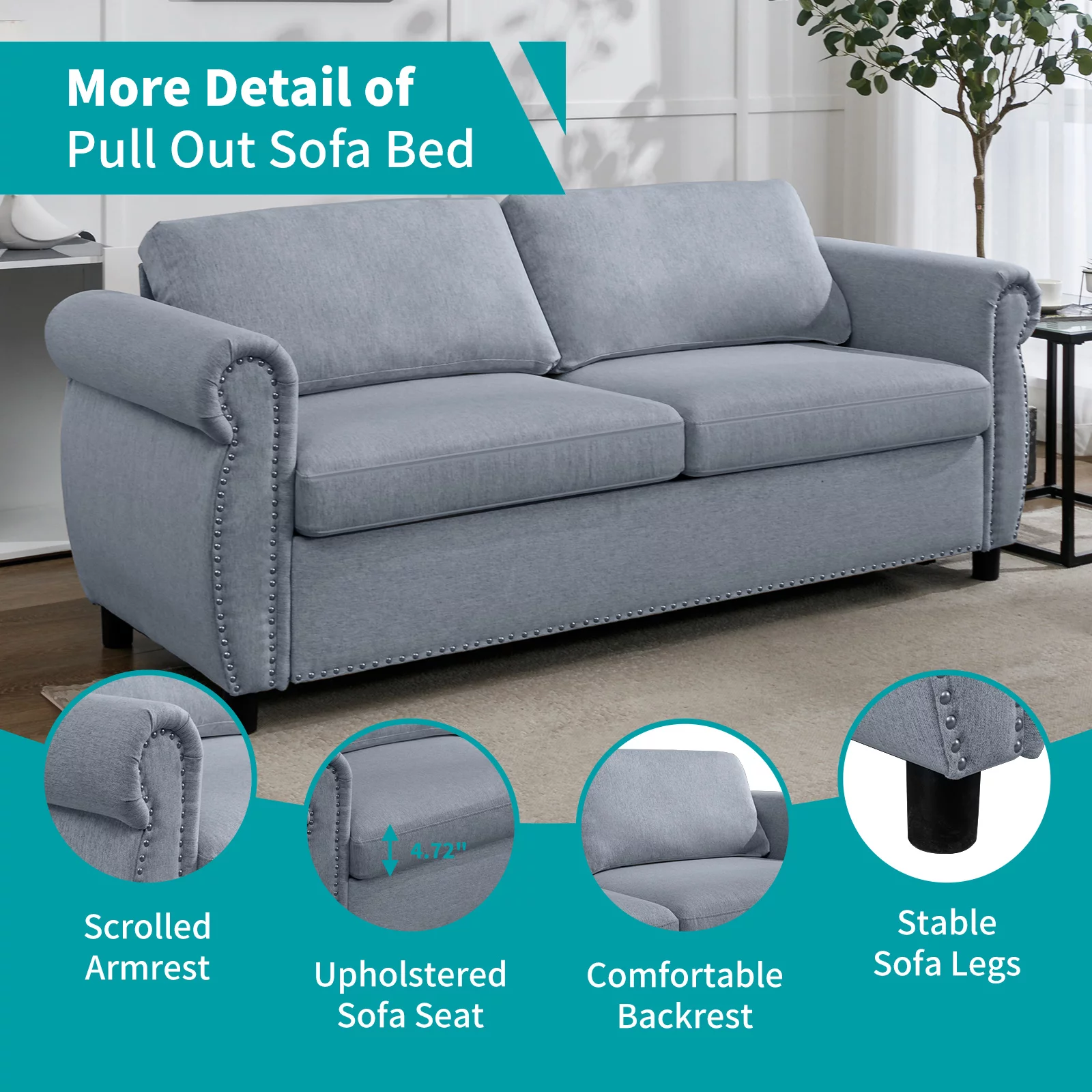 BALUS 2-in-1 Pull Out Sofa Bed, Upholstered 2 Seat Loveseat Sofa, Queen Size Convertible Couch Bed with Mattress Sleeper Sofa Couch for Living Room Apartment Office,Grey