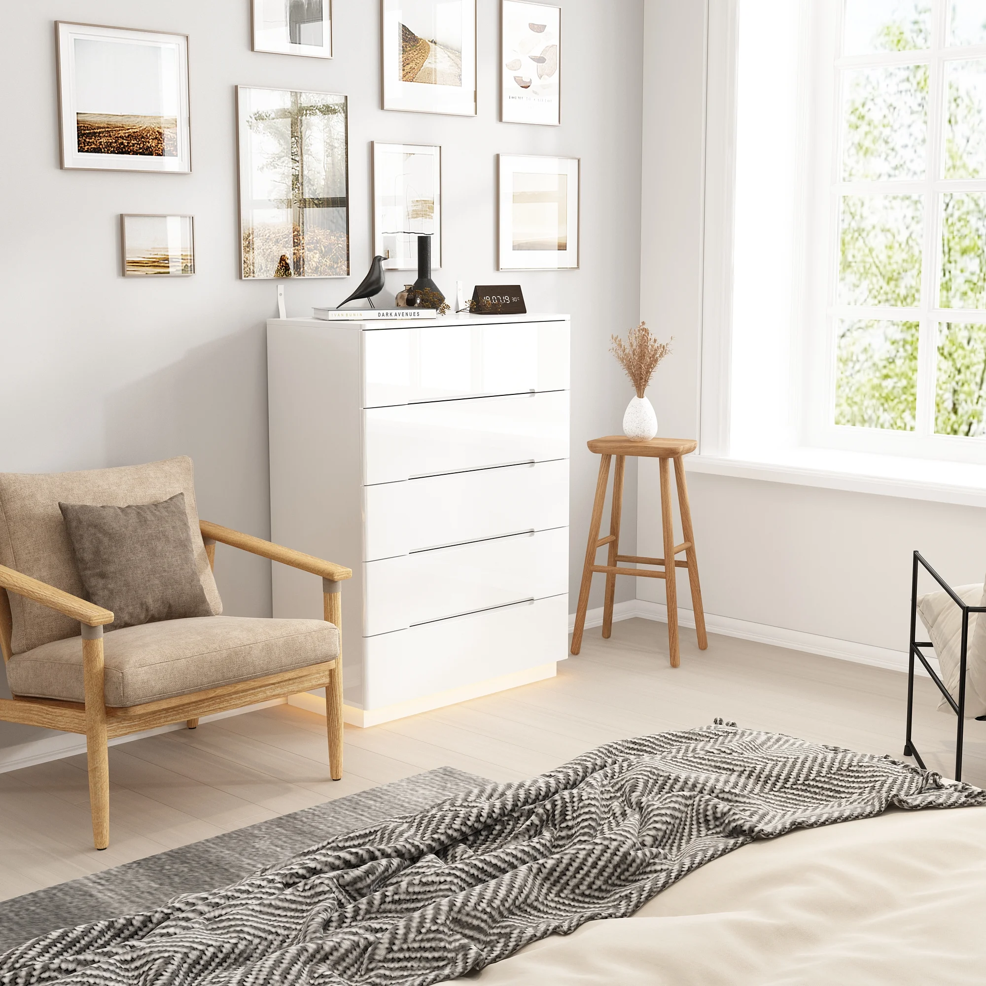 OXYLIFE 5 Drawer Dresser Chest with LED Light for Bedroom and Living Room, White Glossy Finish