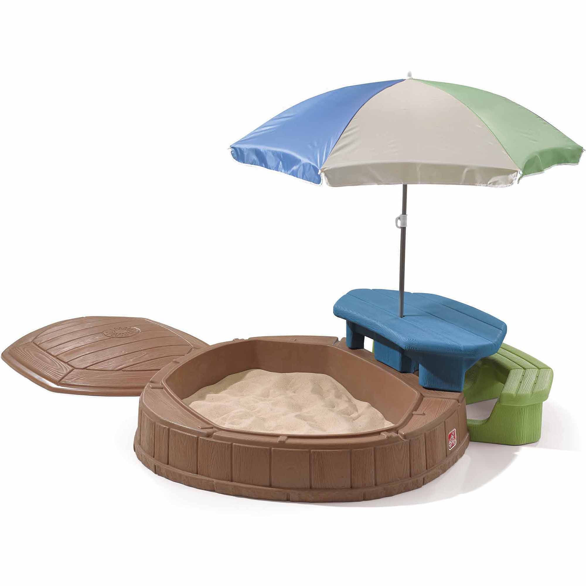 Step2 Summertime Play Center and Brown Plastic Sandbox for Kids with Cover Picnic Table and Umbrella