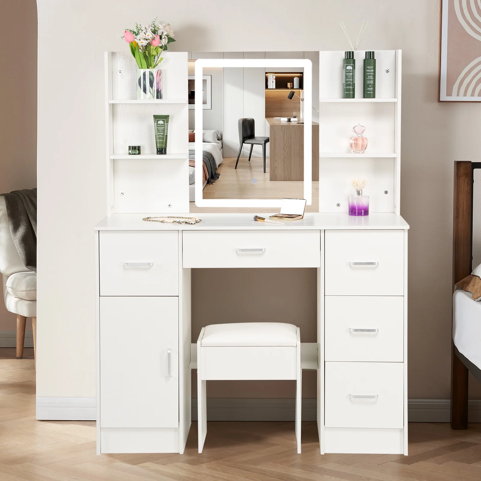 JBLCC Makeup Vanity with Mirror & LED Light, Modern Vanity Desk with 5 Drawers, Makeup Table w/ Stool, White