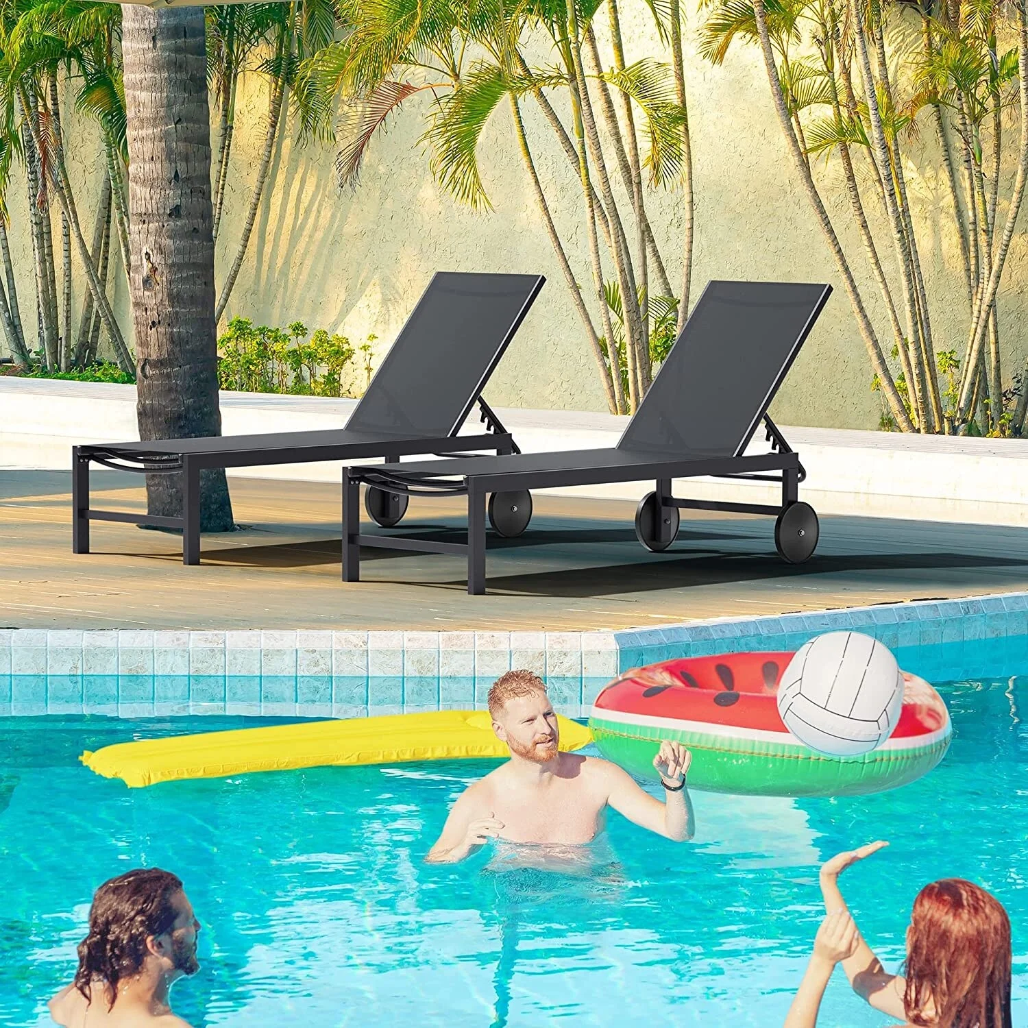 Futzca  2 PCS Outdoor Chaise Lounges Chair with Wheels and 5 Adjustable Position Dark Grey