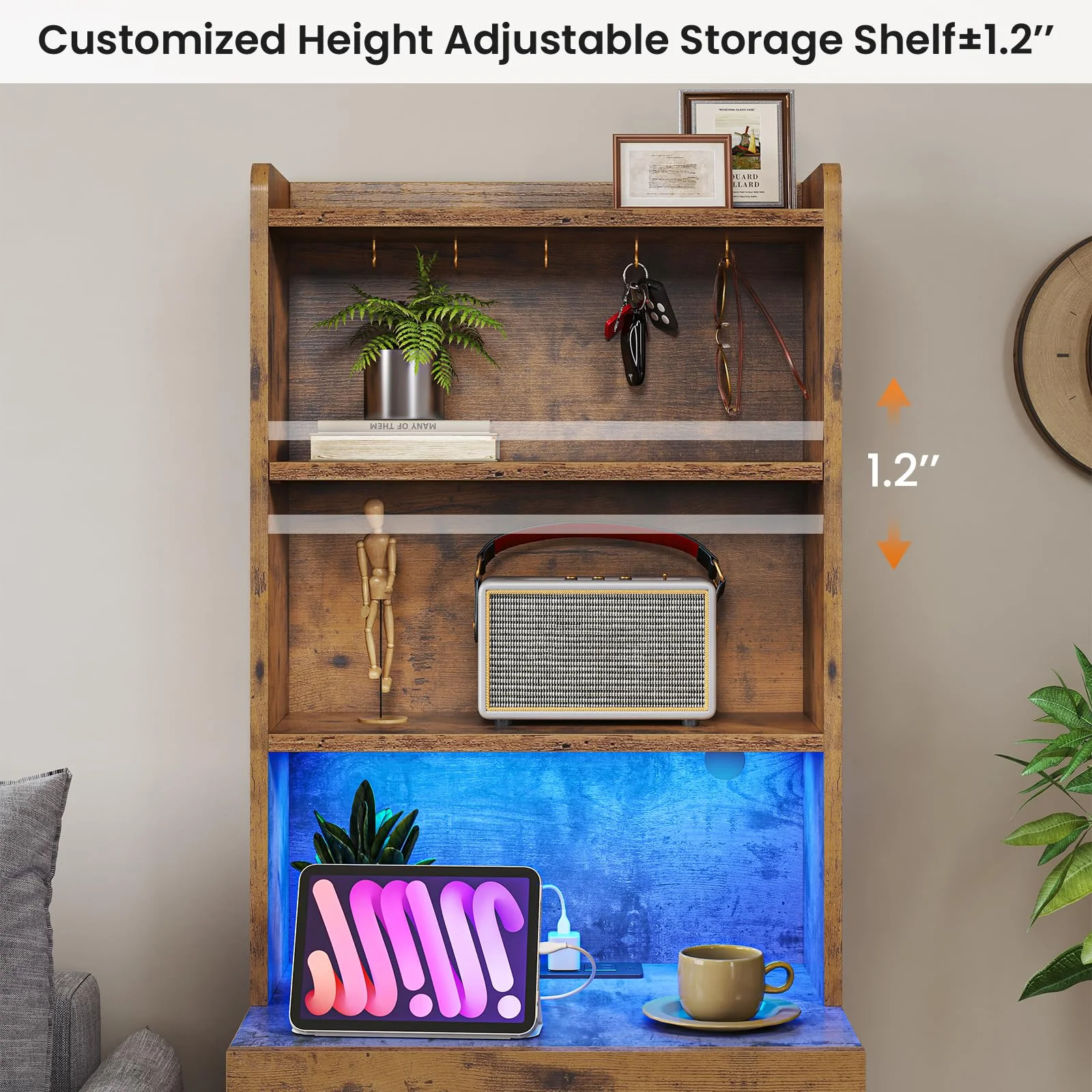 Tall Nightstand Set of 2 with Charging Station and LED Lights, Modern Bedside Table with Bookshelf and 3 Drawers, Rustic Brown