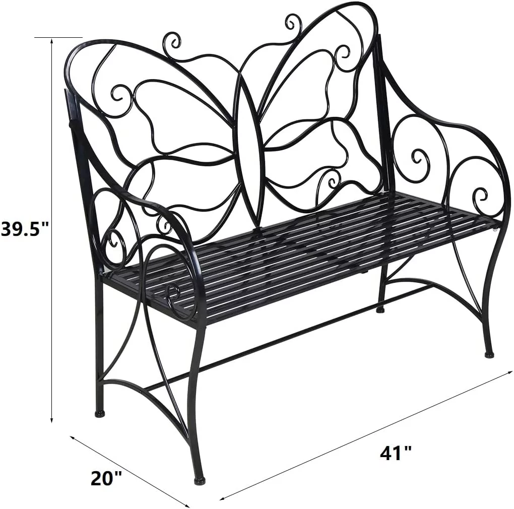 HLC Outdoor Bench Patio Outdoor Garden Bench Butterfly Cast Iron Metal with Armrests for Garden, Park,Yard, Patio, Porch, Lawn Double Seats Black