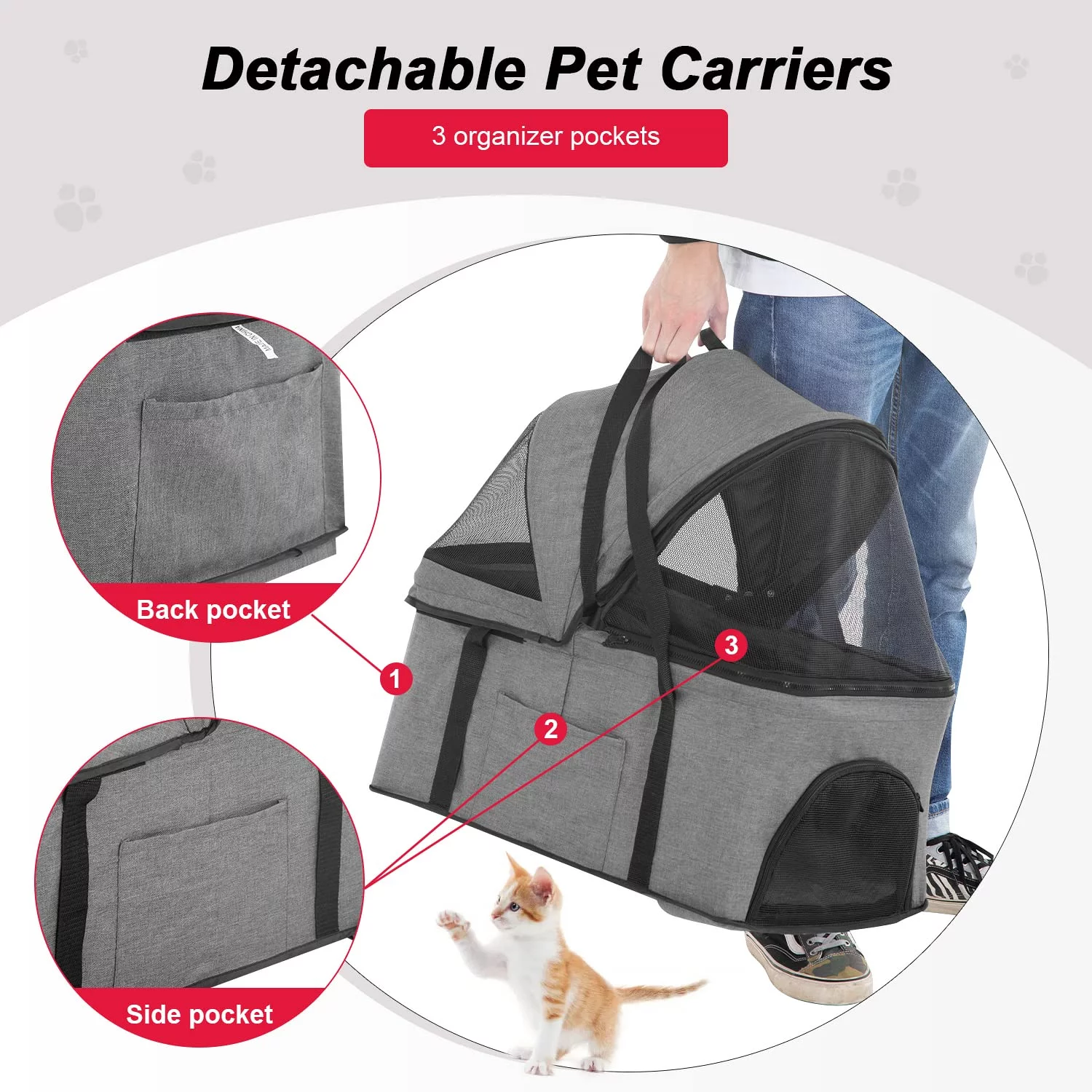 BestPet 3-in-1Pet Stroller Premium Multifunction Dog Cat with Detachable Carrier &Cup Holder,Grey